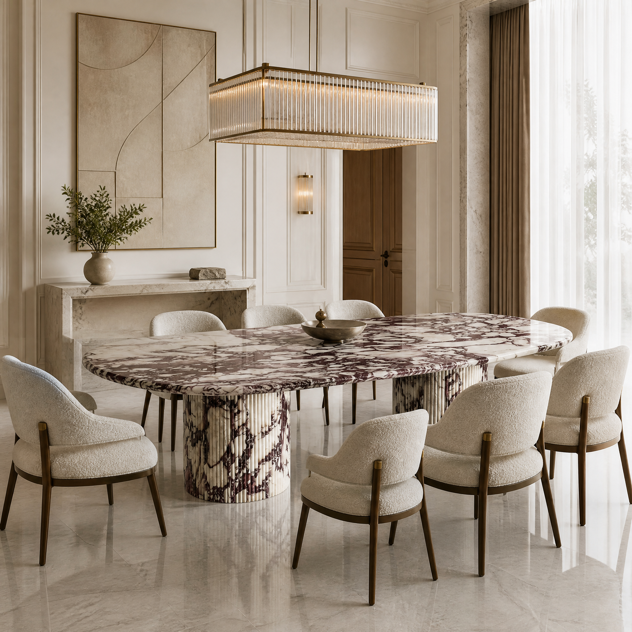 Calacatta Viola marble oval dining table with fluted base styled in a luxury residential dining room.