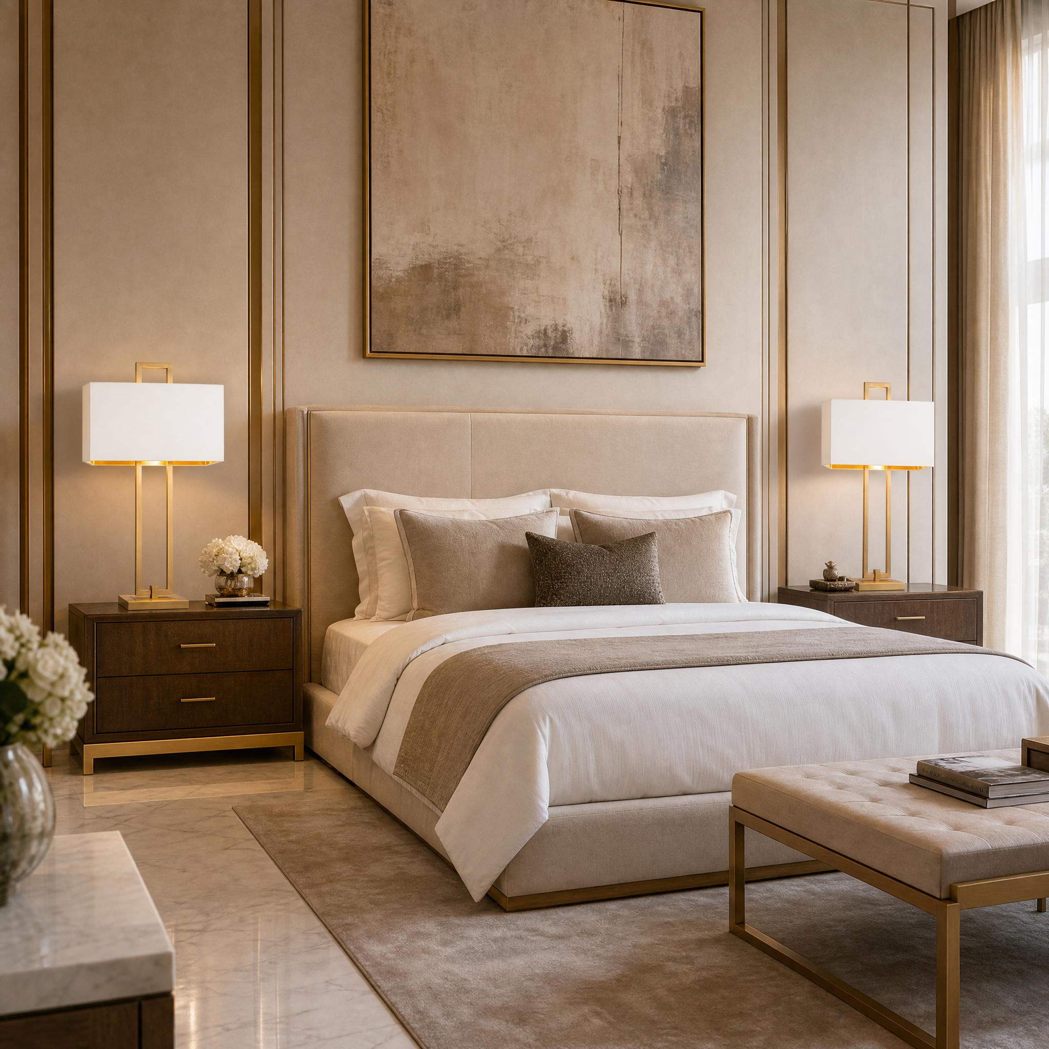 VORELLI Calvero antique brass table lamp with soft opal fabric shade illuminating a luxury residential living room setting.