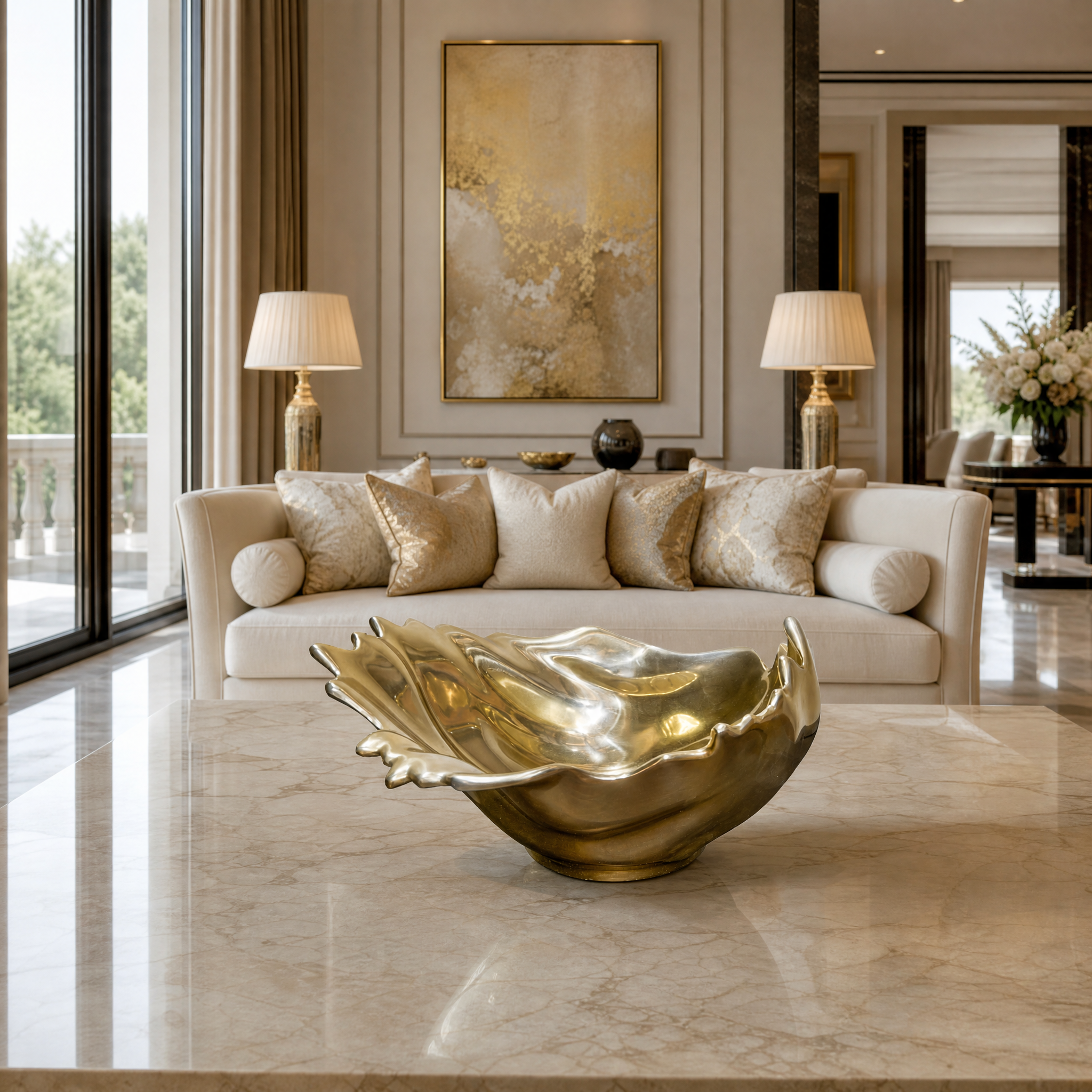 A polished gold Calvino bowl placed on a modern coffee table, adding a warm, fluid sculptural accent to a luxury living room interior.
