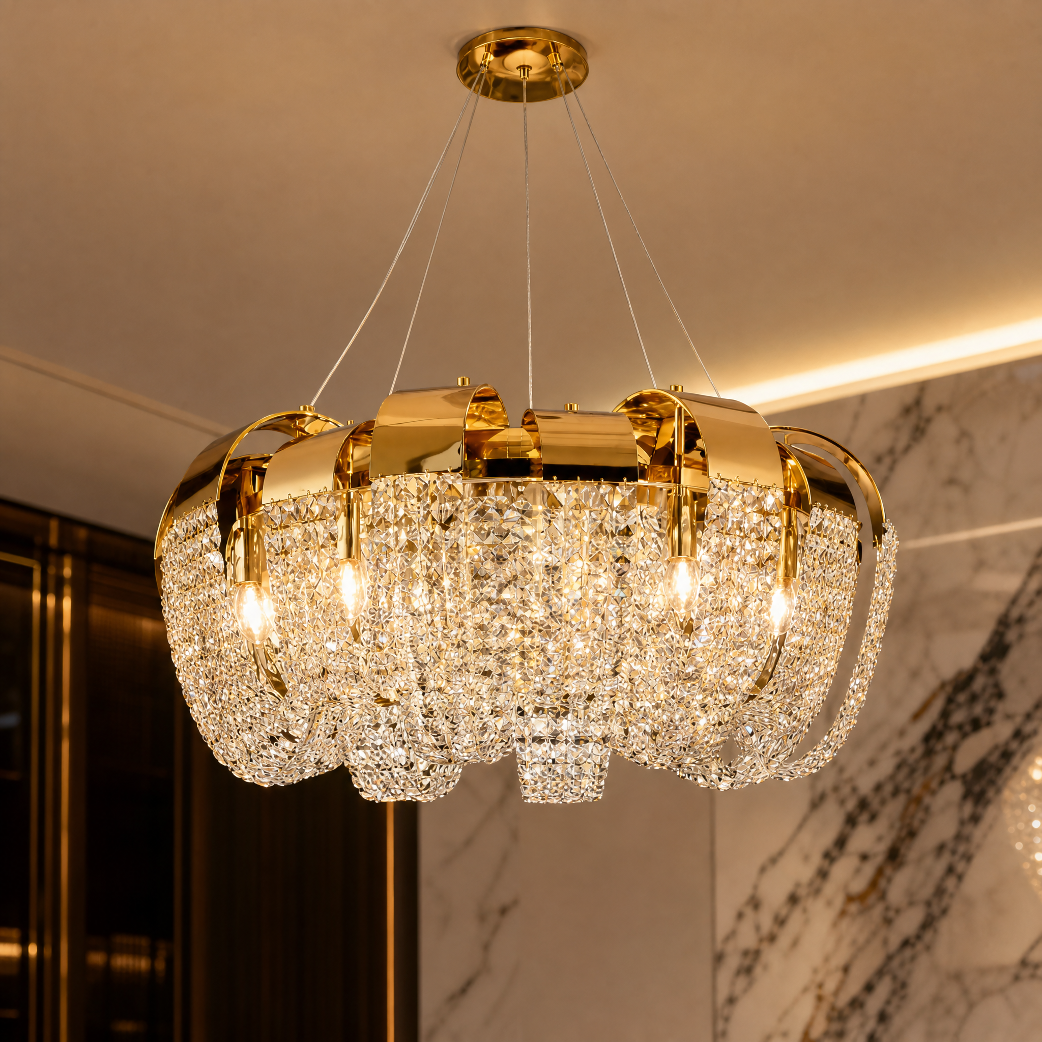 Macro closeup shot of the sparkling diamond-cut square crystals on the VORELLI Capri Circular Chandelier.