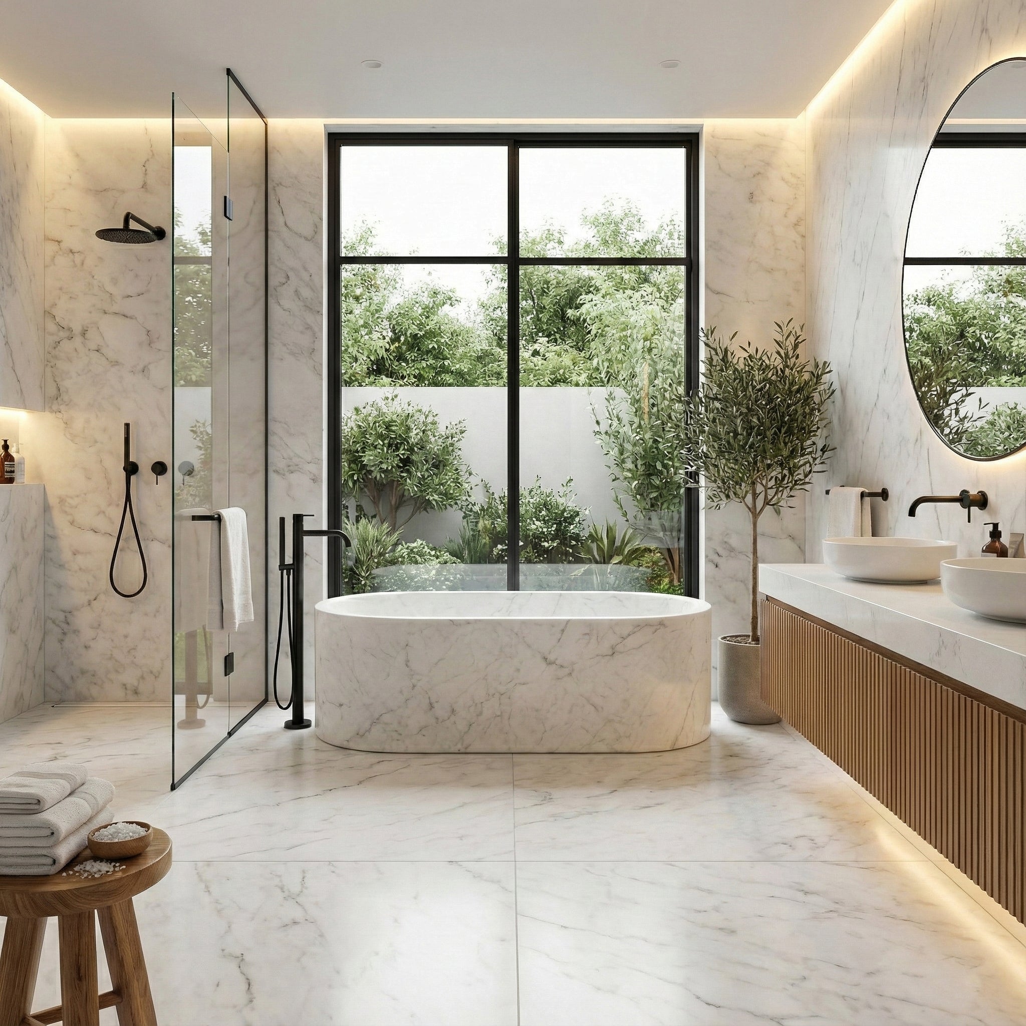 White Carrara Marble Freestanding Bathtub - Elliptical