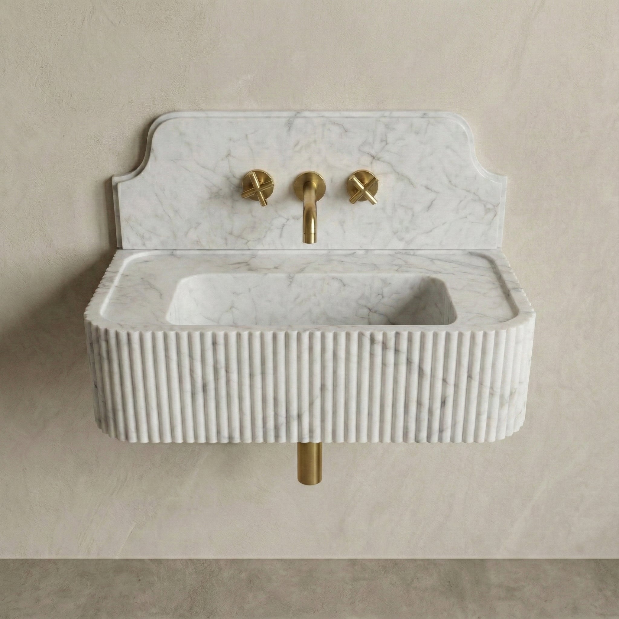 White Carrara Backsplash Sink - Fluted