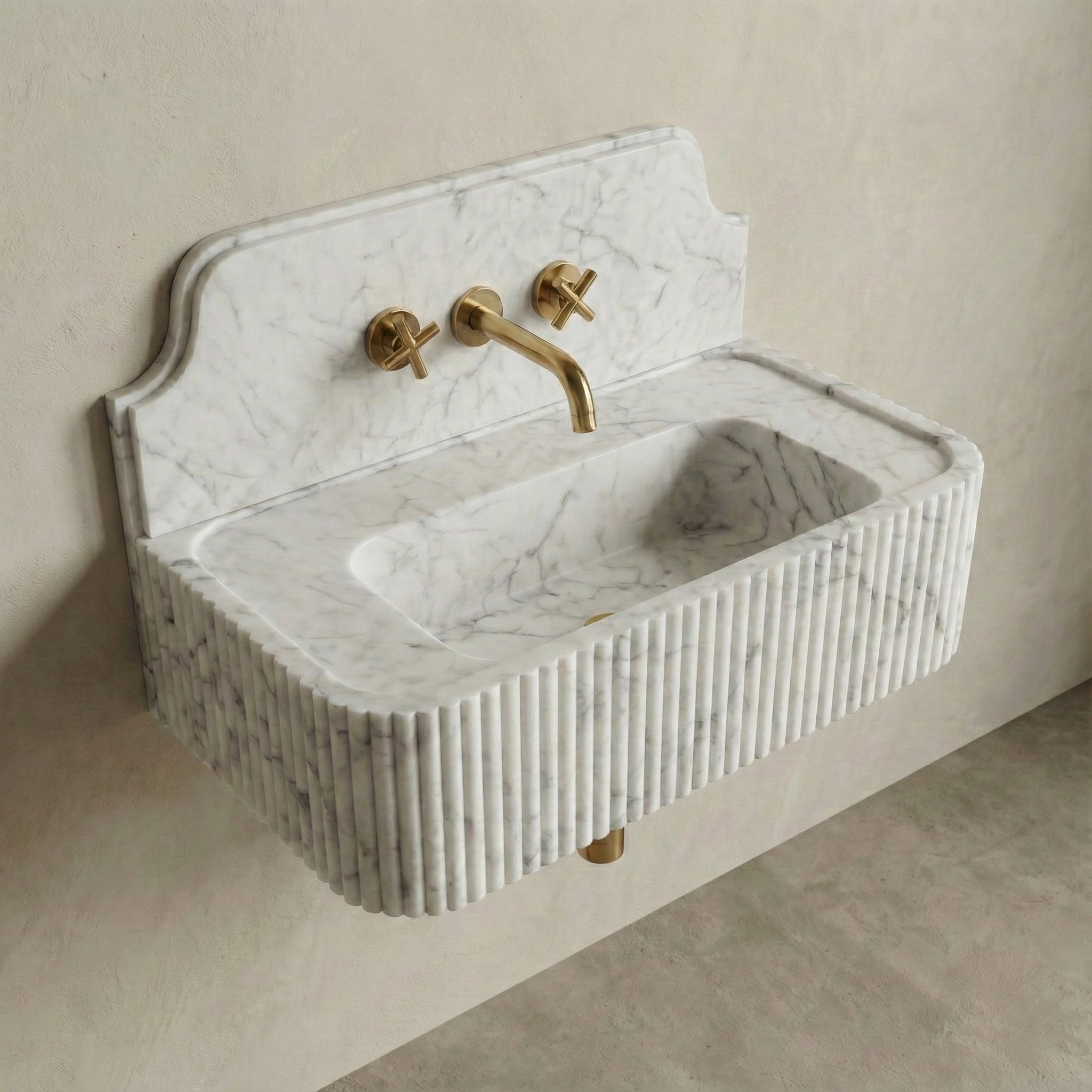 White Carrara Backsplash Sink - Fluted