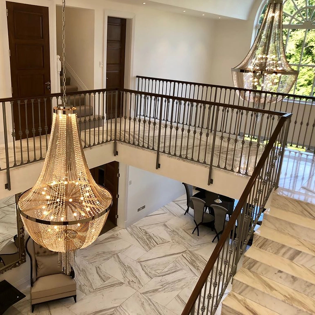 VORELLI® Gatsby Luxury Staircase Chandelier styled within a refined luxury interior