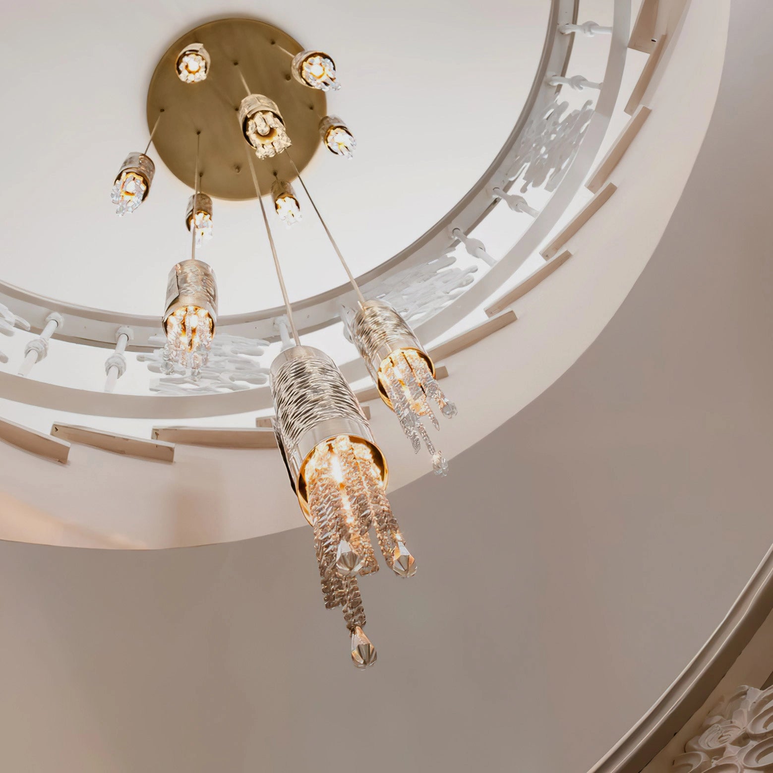 Close-up detail of VORELLI® Avolto Luxury Pendant Staircase Chandelier showing luxury finish and craftsmanship