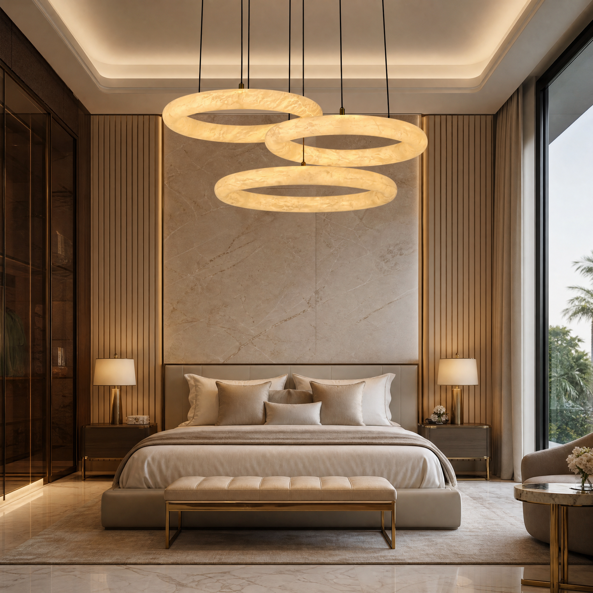An upscale hospitality commercial interior featuring the VORELLI Cavani Marble Trio Circular Chandelier as a sculptural modern lighting centrepiece.