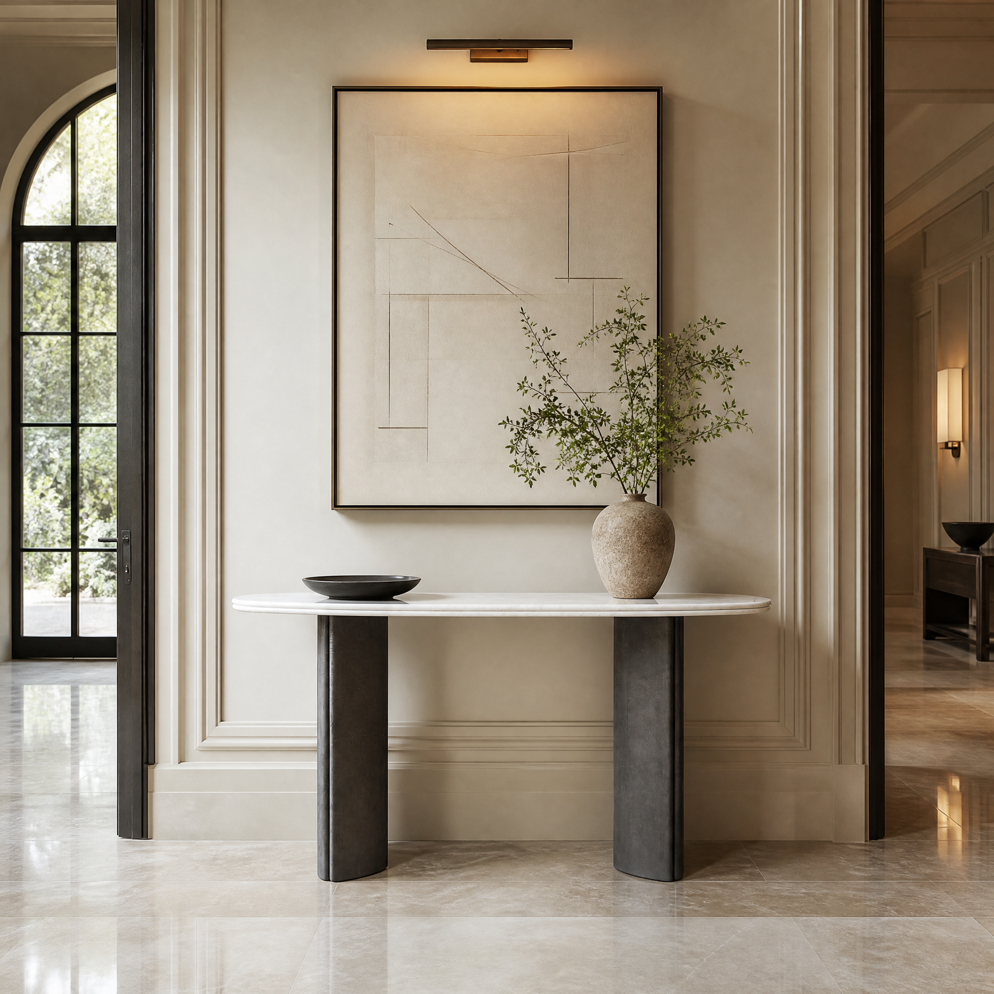The Celevo luxury grey and white marble console table styled elegantly in a contemporary residential living room interior.