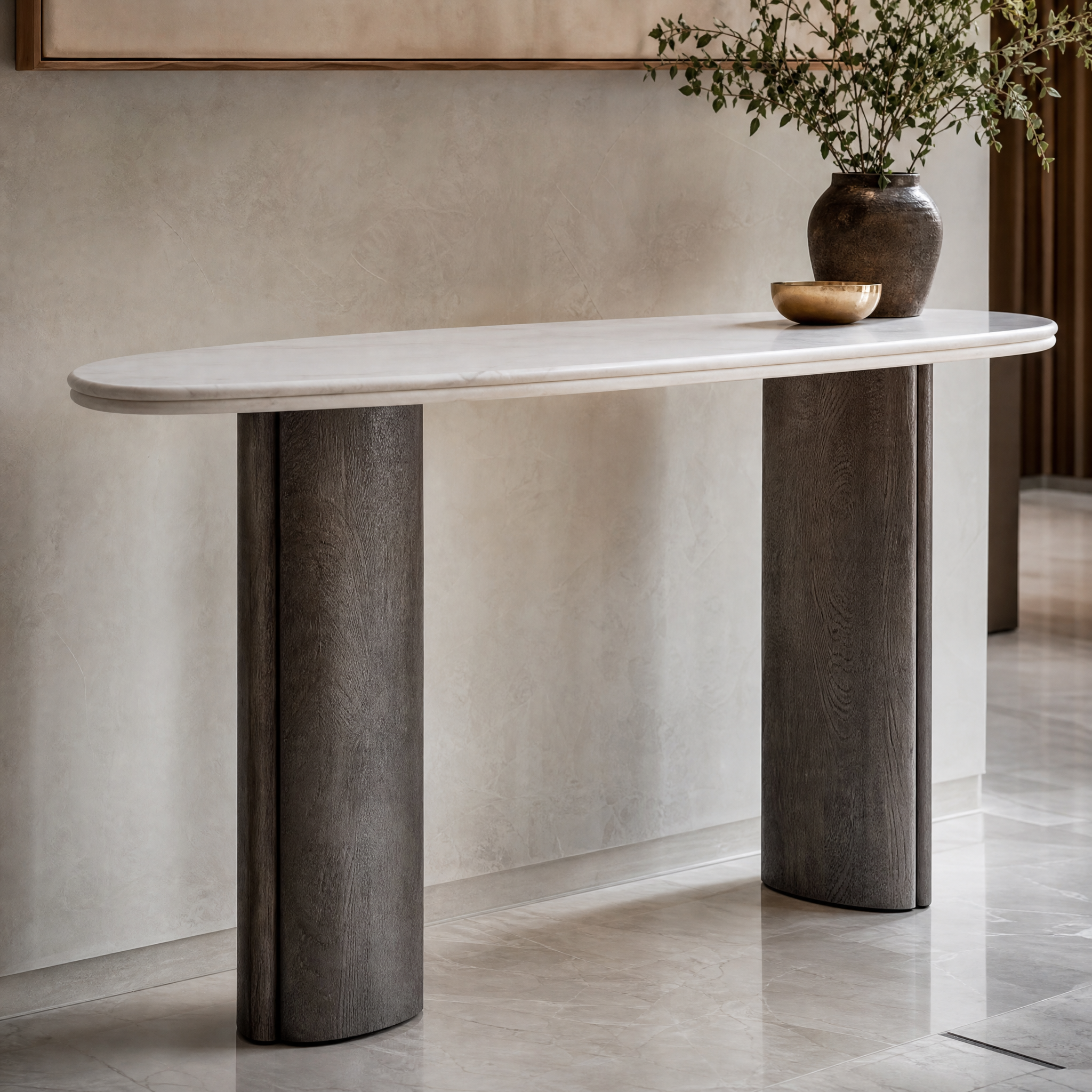 A detailed closeup showcasing the crisp white marble texture and clean lines of the grey architectural frame on the Celevo console table.