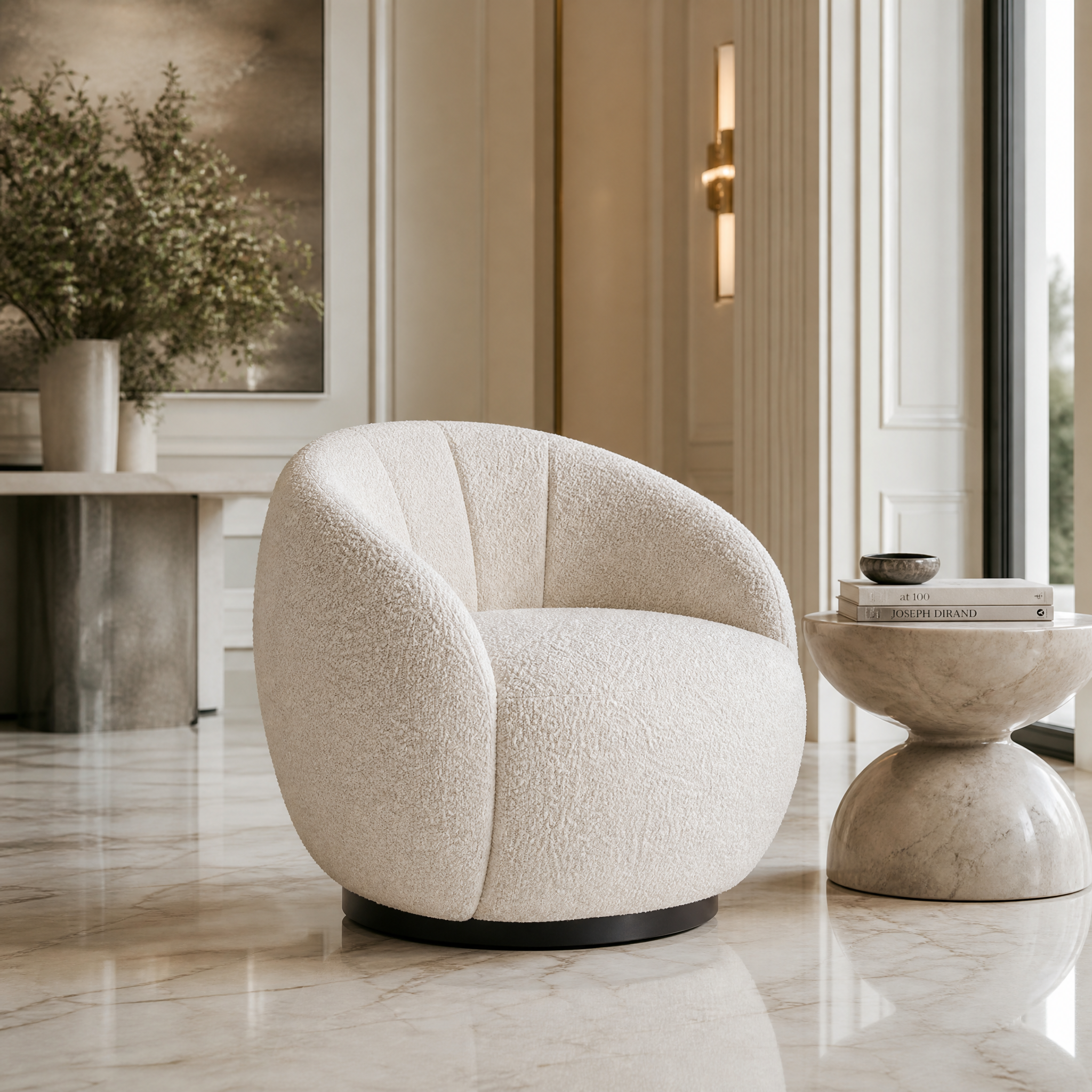 Chalevo natural boucle swivel chair styled in a modern living room to provide tactile warmth and contemporary elegance.
