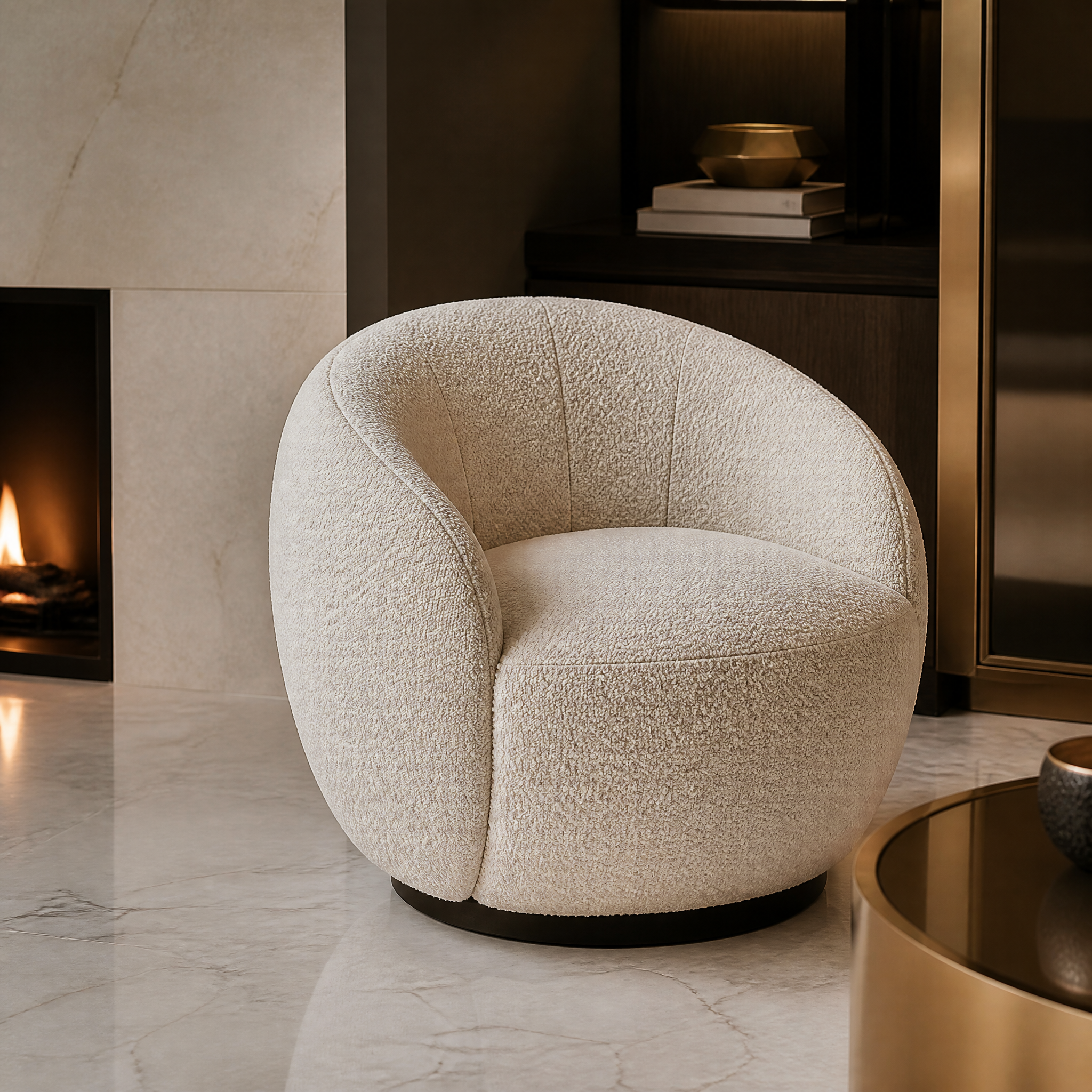 Close up detail of the premium natural boucle fabric texture on the Chalevo swivel chair showing understated luxury.