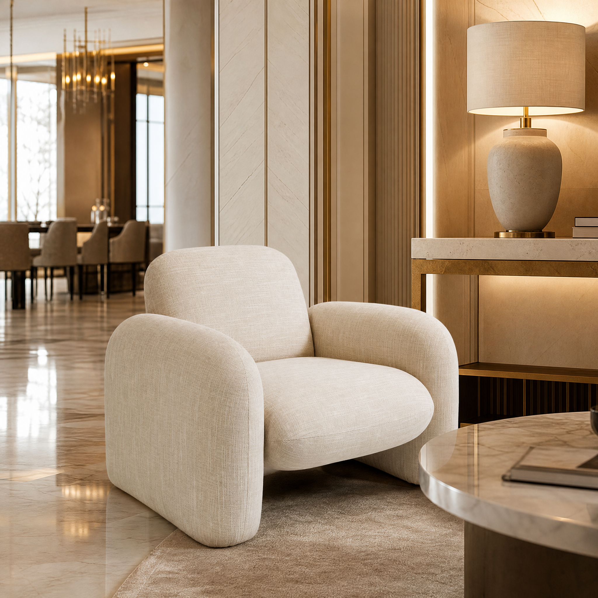 Contemporary cream fabric armchair featuring clean lines, styled for a sophisticated hotel lobby or lounge.