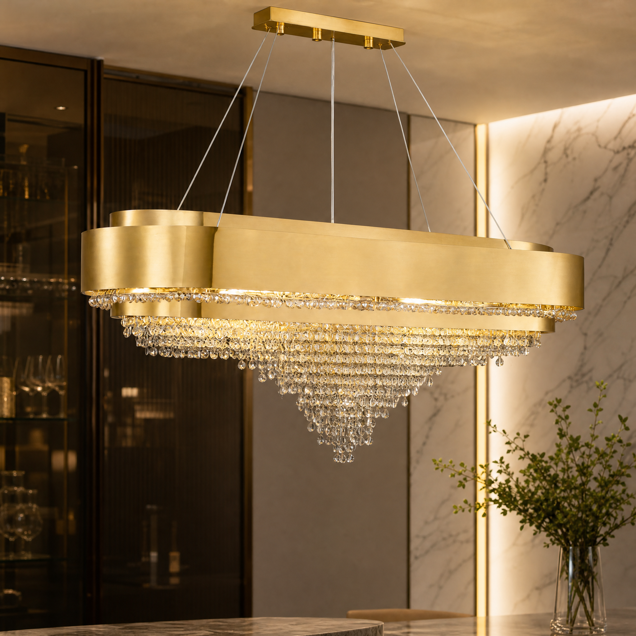 Detailed closeup of the premium octagon crystal chains and #4 titanium gold stainless steel frame on the VORELLI Champs Élysées chandelier.