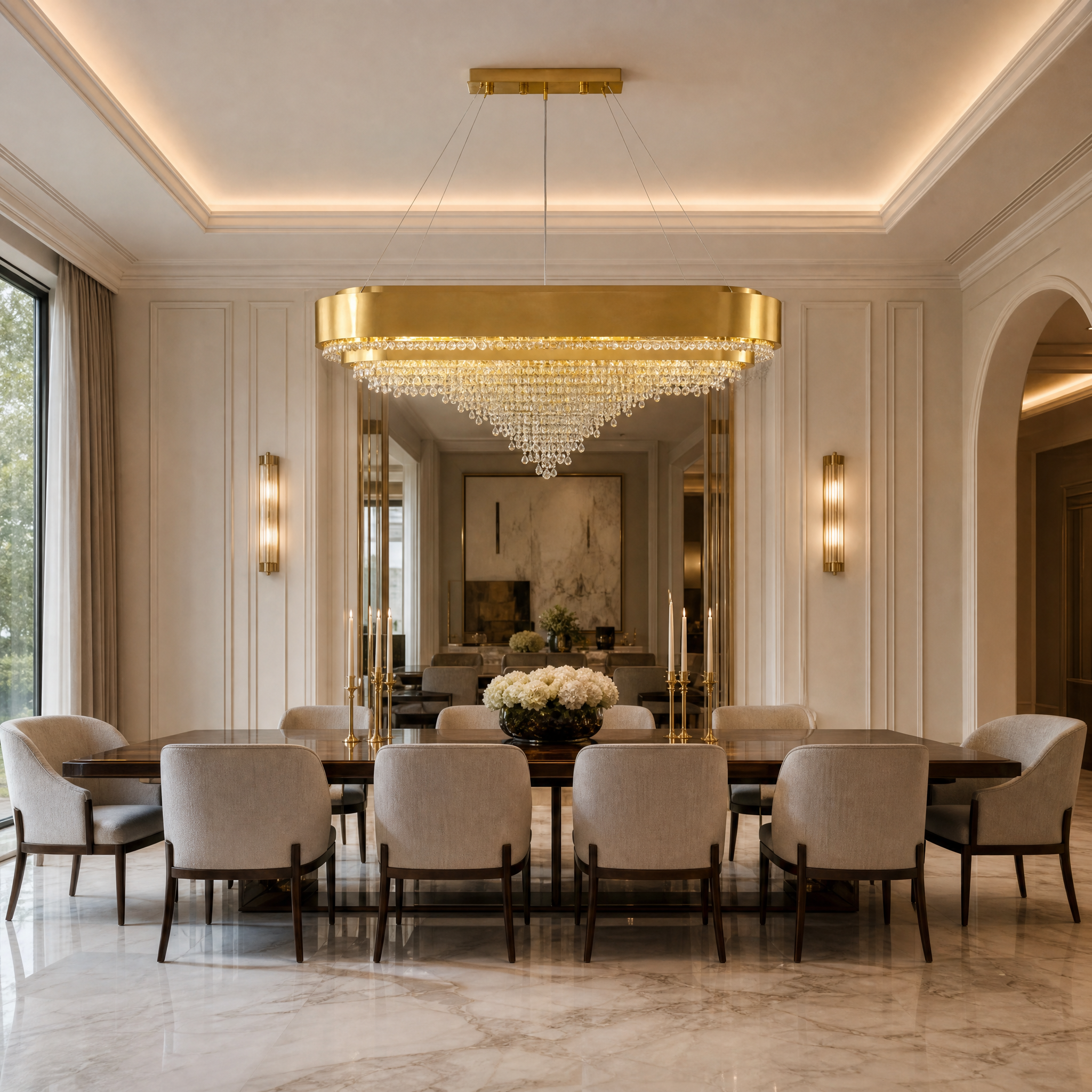 VORELLI Champs Élysées rectangular crystal chandelier illuminating a luxurious residential dining room setting.