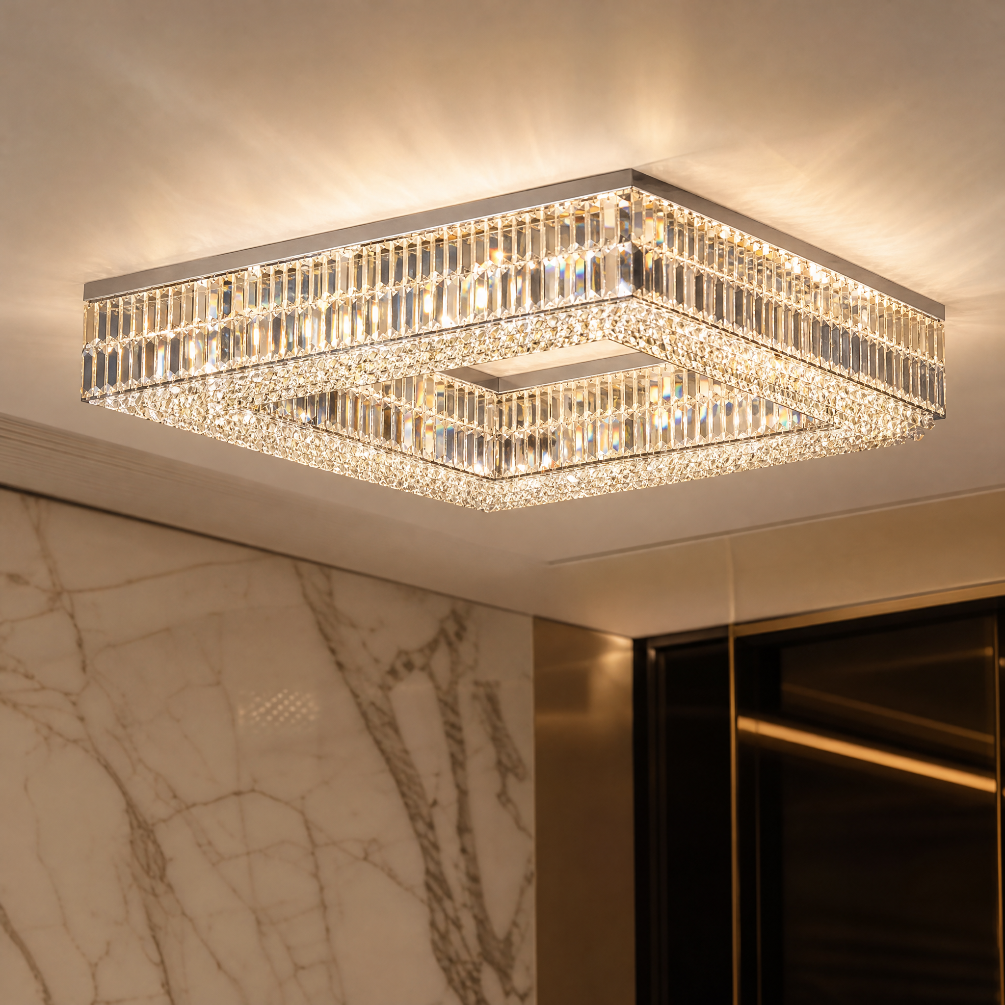 A detailed close-up shot of the high-end crystal bars and square structures of the VORELLI Chartrons ceiling light, showcasing the premium craftsmanship.