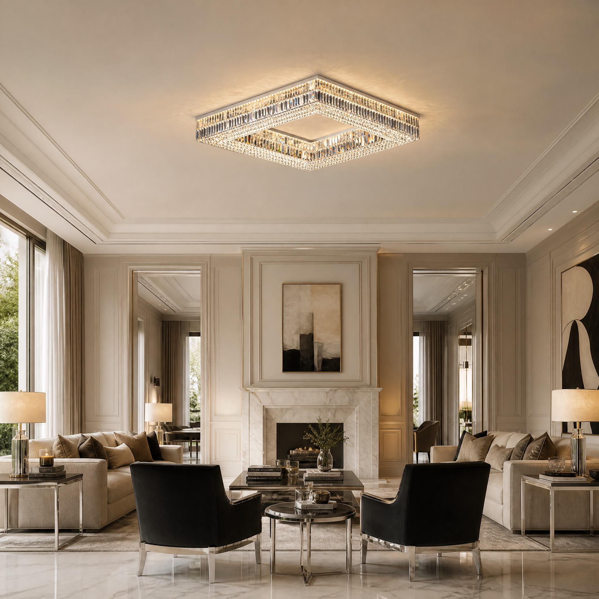 The VORELLI Chartrons square crystal ceiling light illuminating an upscale residential living room, casting captivating geometric light patterns across the ceiling.