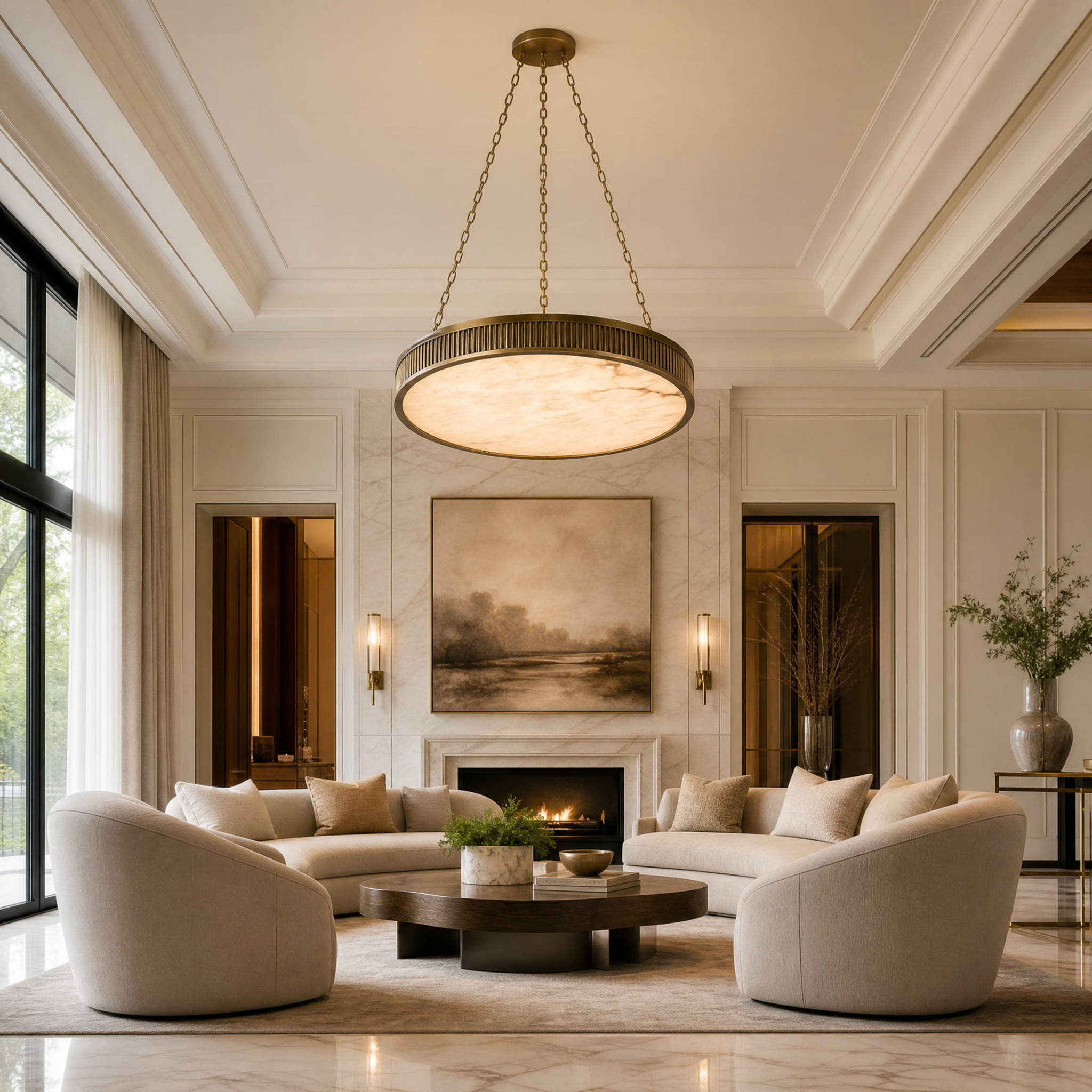 VORELLI Cipriano circular chandelier with Spanish alabaster shade installed in a modern living room