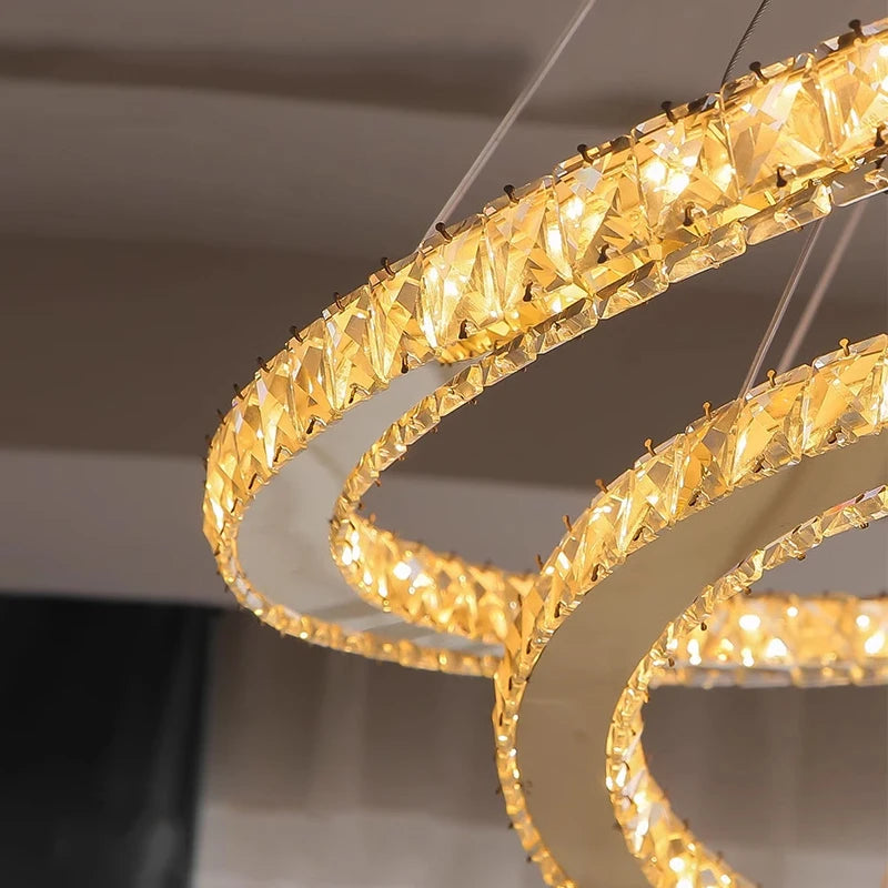 claremont chandelier close up of illuminated ring edges with crystal detailing