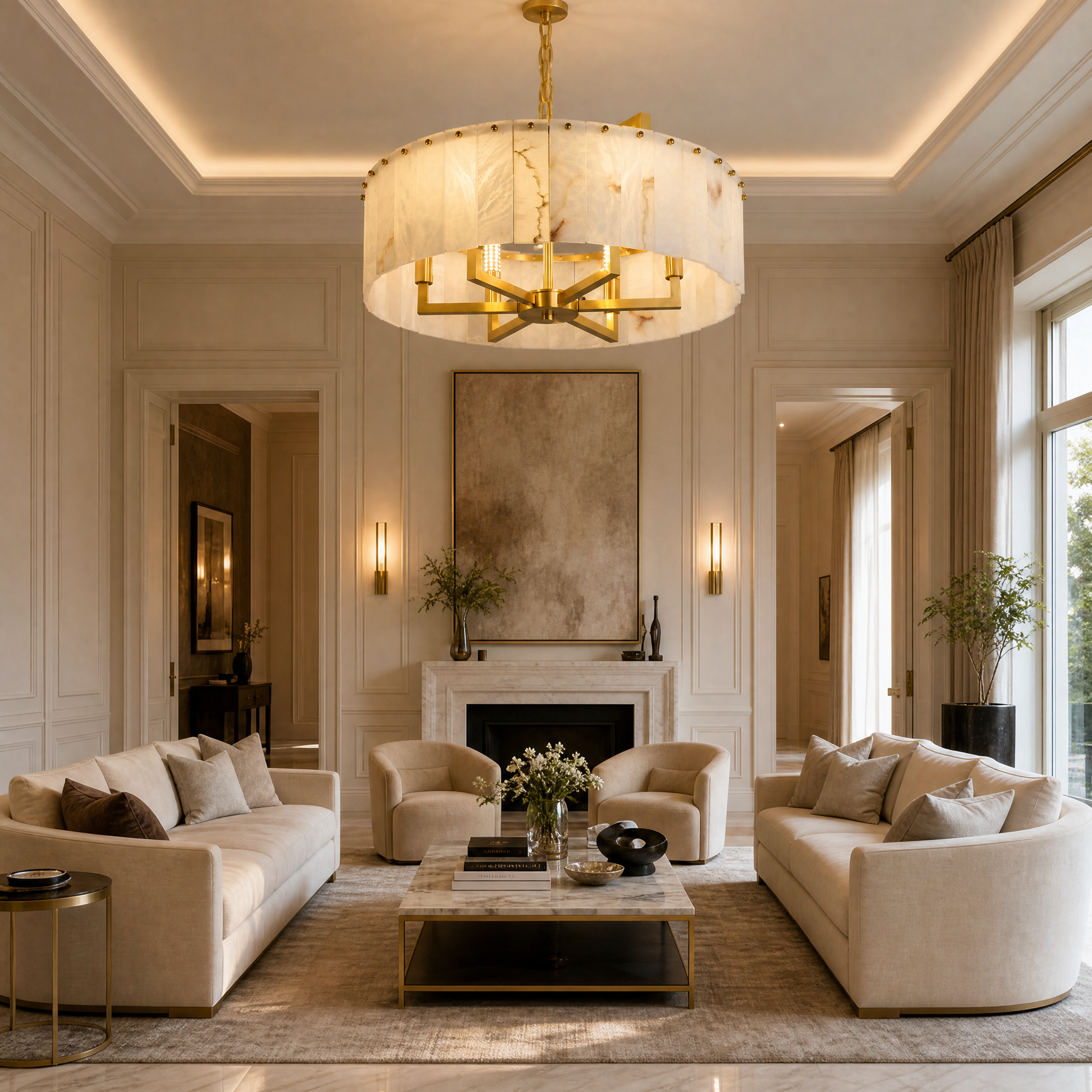 Classico marble circular chandelier installed in a luxury residential dining space.