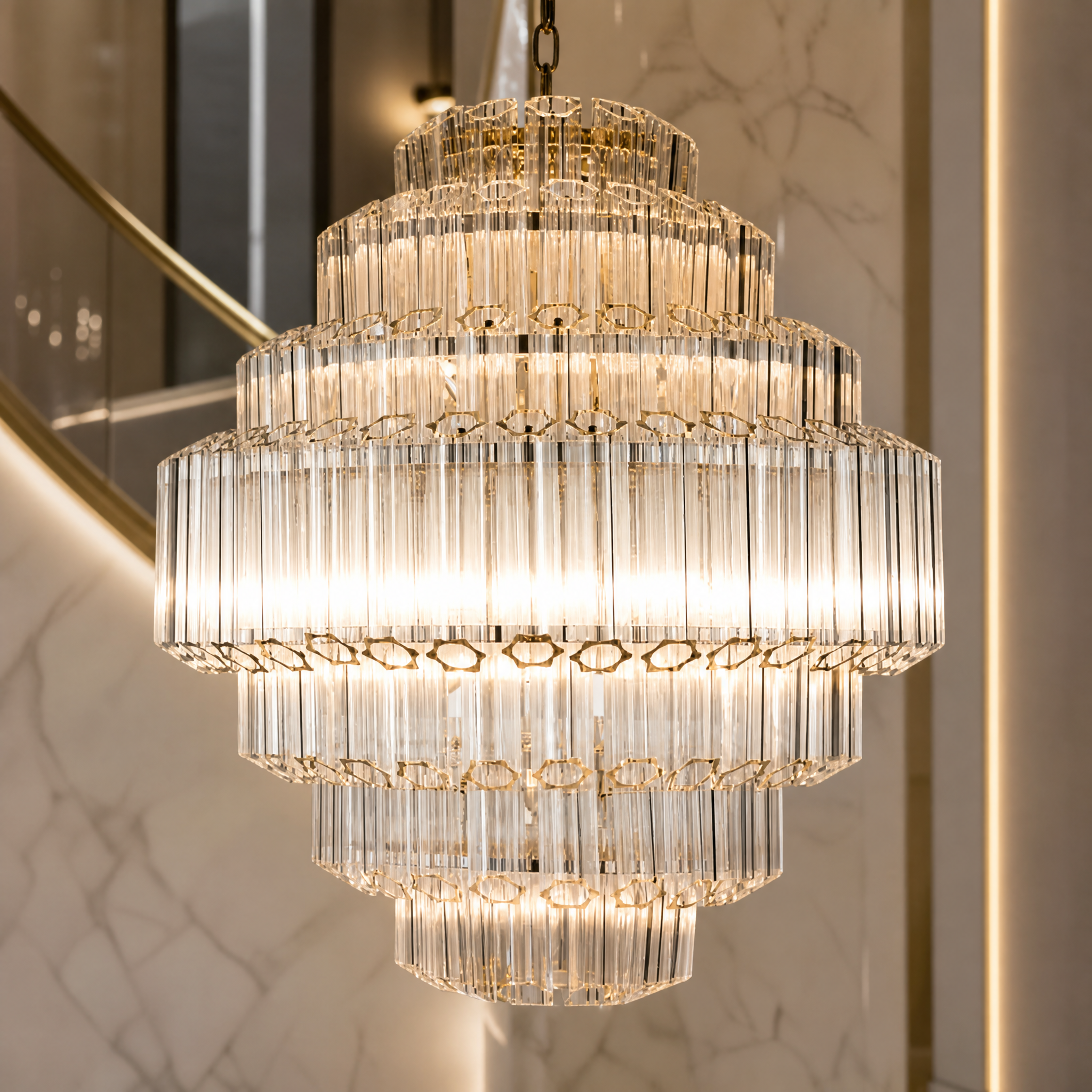 Close-up of hand-finished iron frame and crystalline glass tubes on the Palermino chandelier