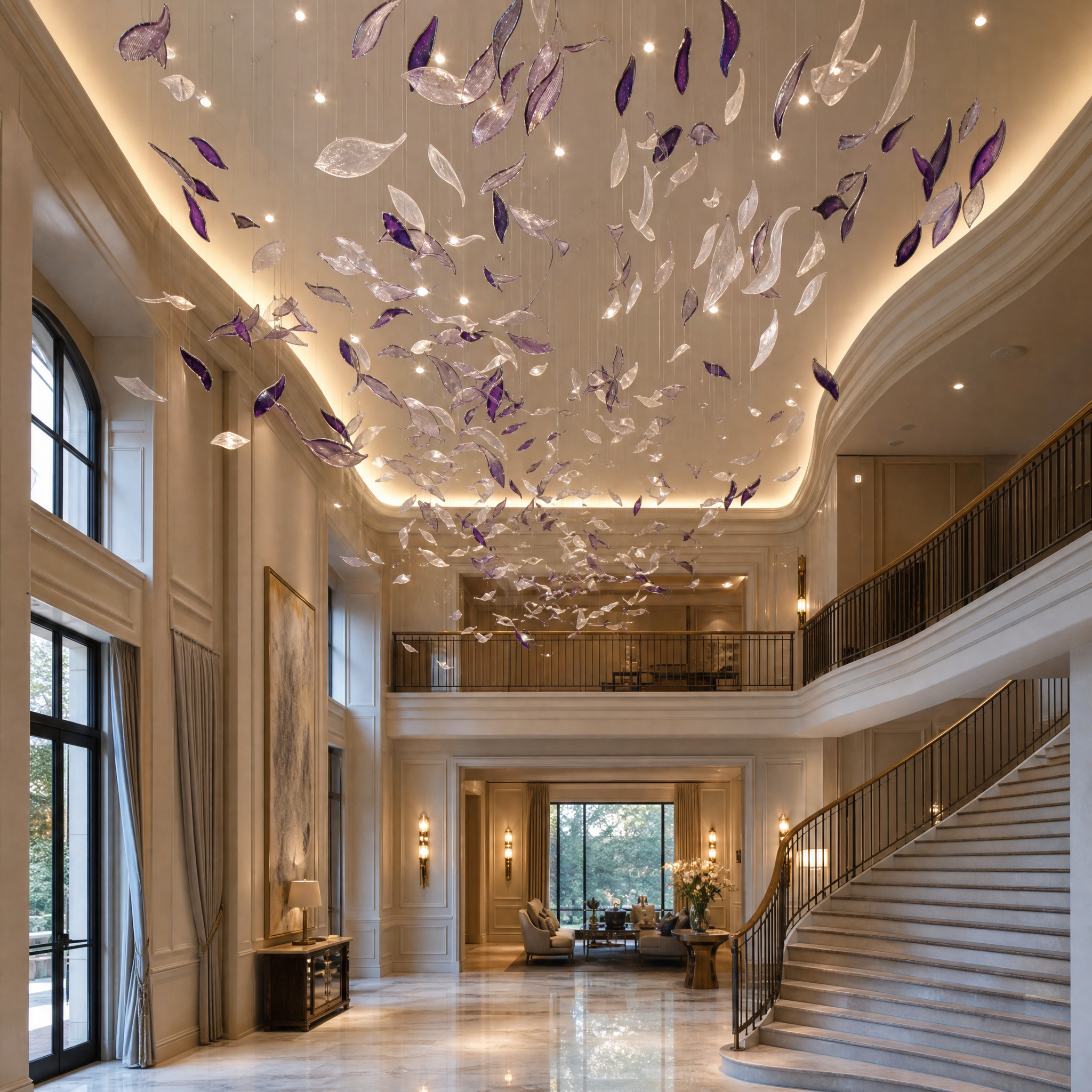 VORELLI custom glass leaf art installation featuring clear and purple striped accents in a luxury residential dining space.