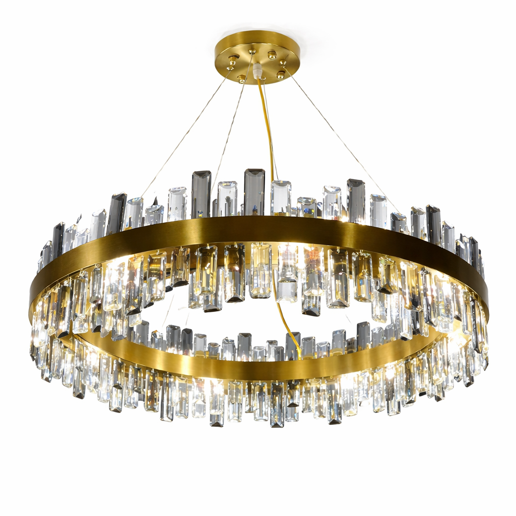 Close-up detail of the Figueroa Circular Chandelier showing the intricate blend of clear and smoky grey oblong diamond cut crystals against the sleek stainless steel frame.