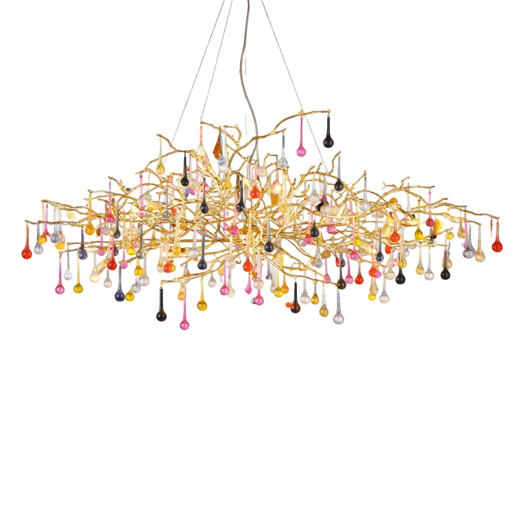 Close-up detail of the L'Albero d'Oro Rectangular Chandelier II by VORELLI, highlighting the intricate branching gold structure and precision-crafted crystal droplets that reflect warm, dramatic light.