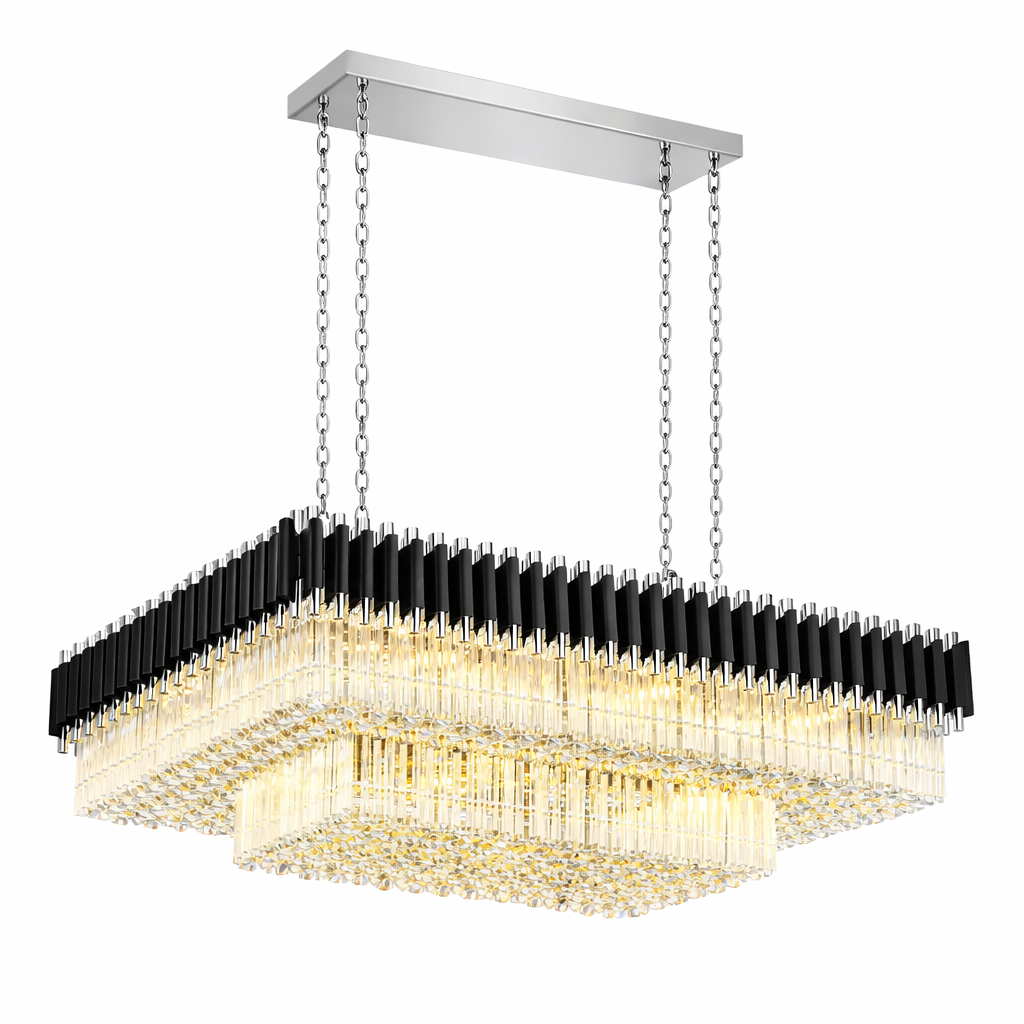 Close-up detail of the Milltimber Grandeur Rectangular Chandelier by VORELLI, highlighting the precision diamond-cut crystal tiers and their brilliant, light-refracting facets.