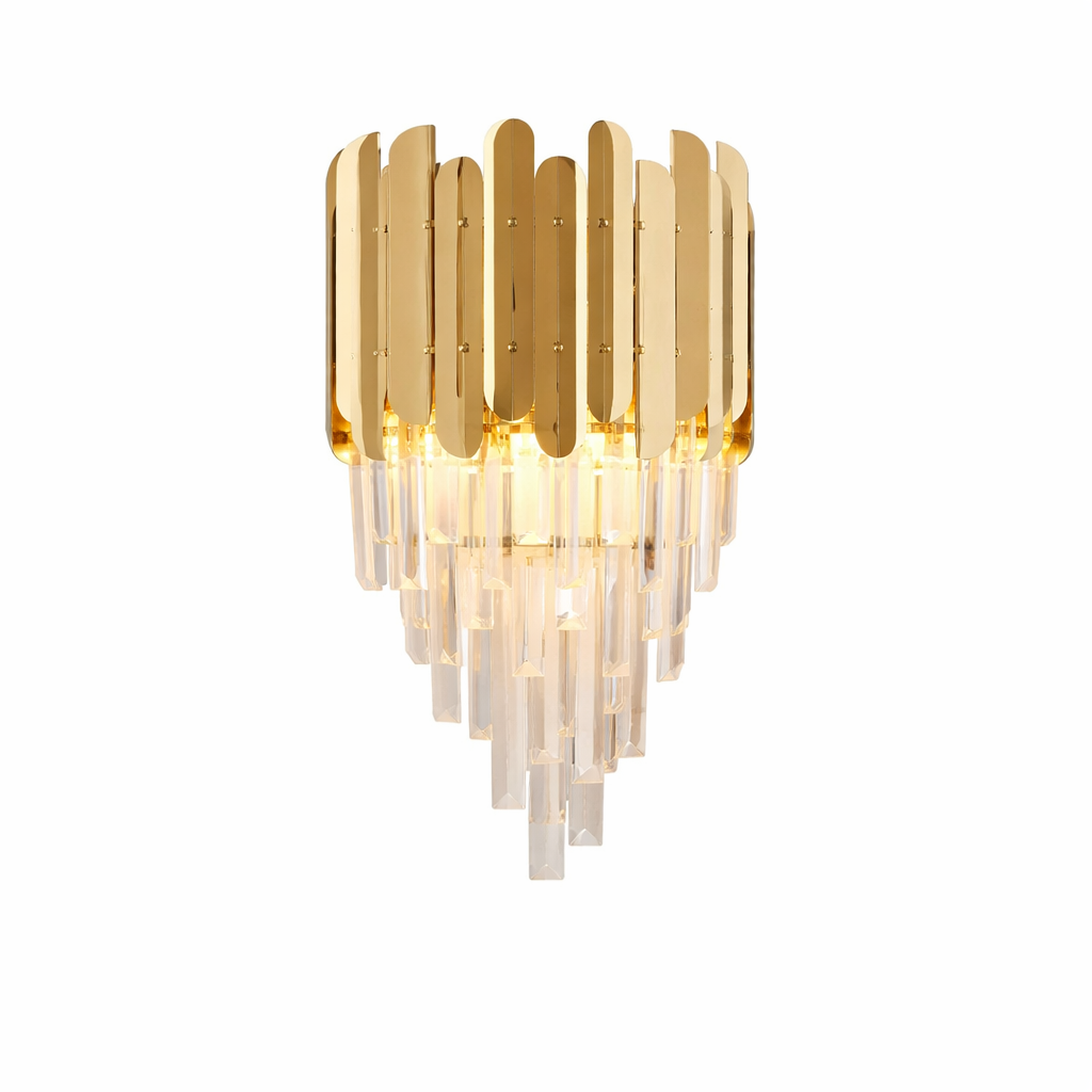 Close-up detail of the modern Manhattan Wall Light by VORELLI, showing the unique hexagon decorative frame and clear crystal bars.