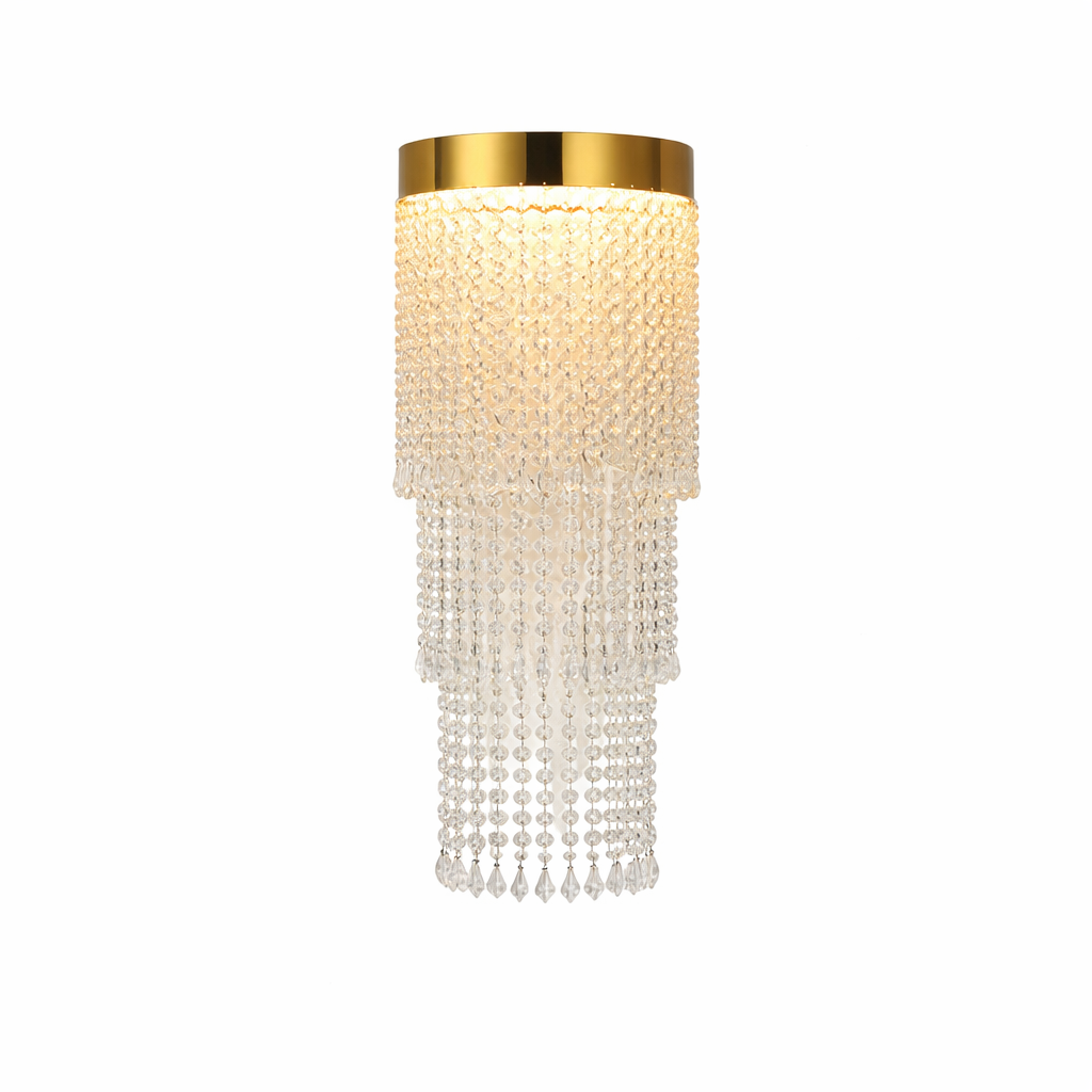 Close-up detail of the Modesto Wall Light by VORELLI featuring intricately cut octagon crystal chains that catch and refract light for a luxurious glow.