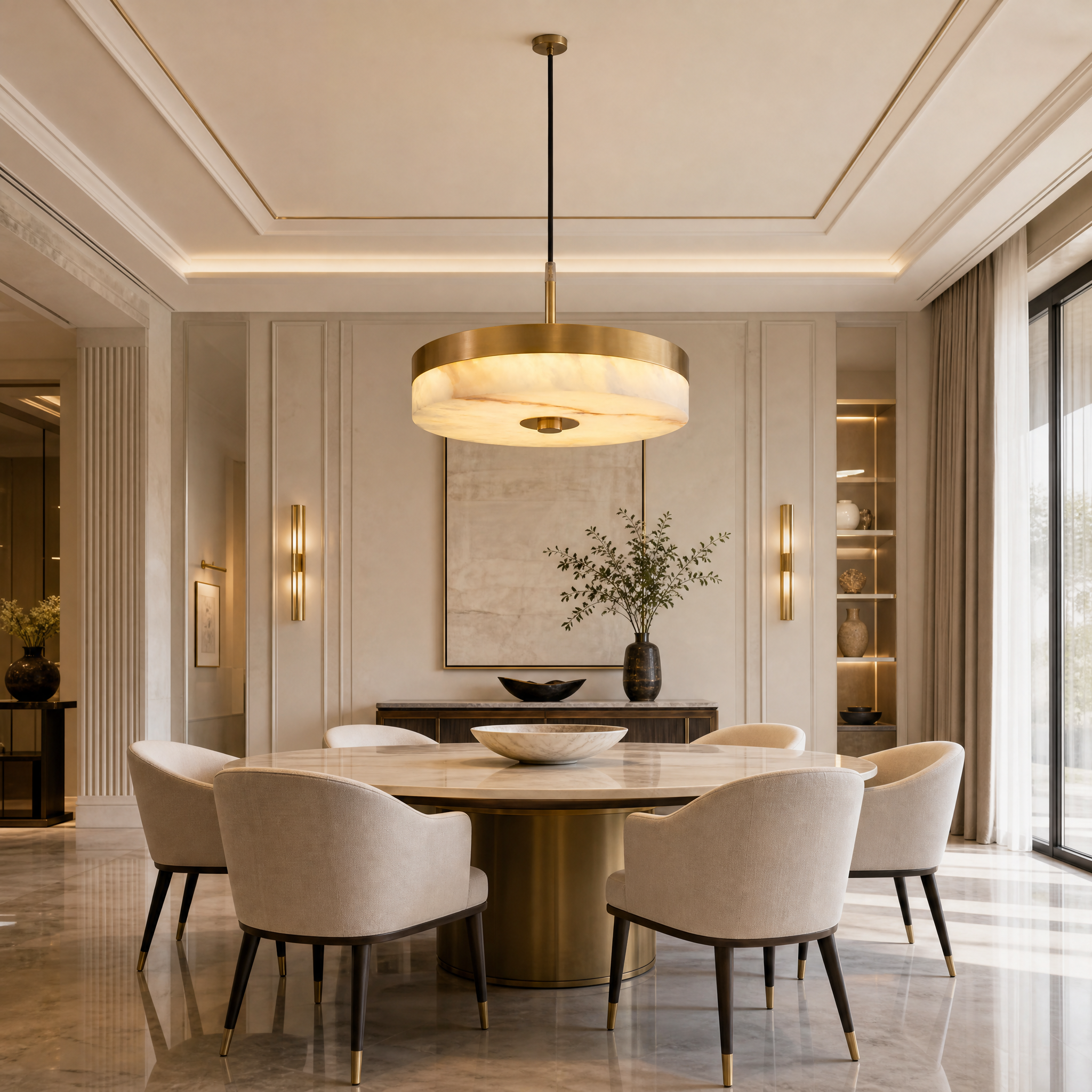Close-up detail of the natural veining in the premium marble element of the Athena pendant light, highlighted by soft internal illumination.