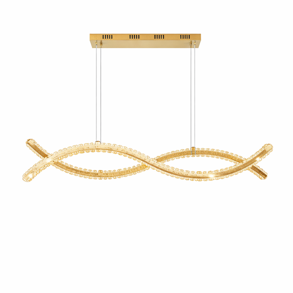 Close-up detail of the Oia Rectangular Chandelier II by Vorelli, highlighting the intricate luxury crystal bars reflecting soft light against a stainless steel frame.