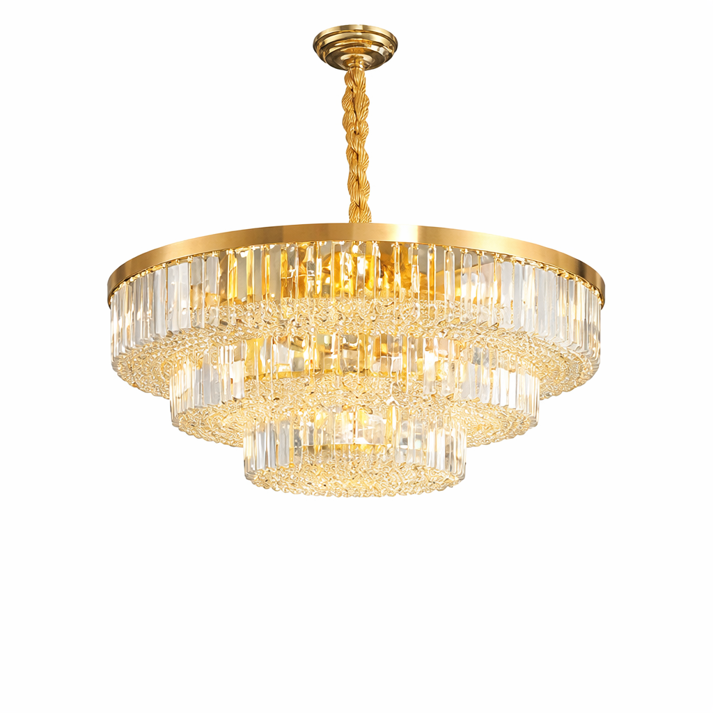 Close-up detail of the shimmering crystal bars on the VORELLI Merlimont circular chandelier, highlighting its refined design.