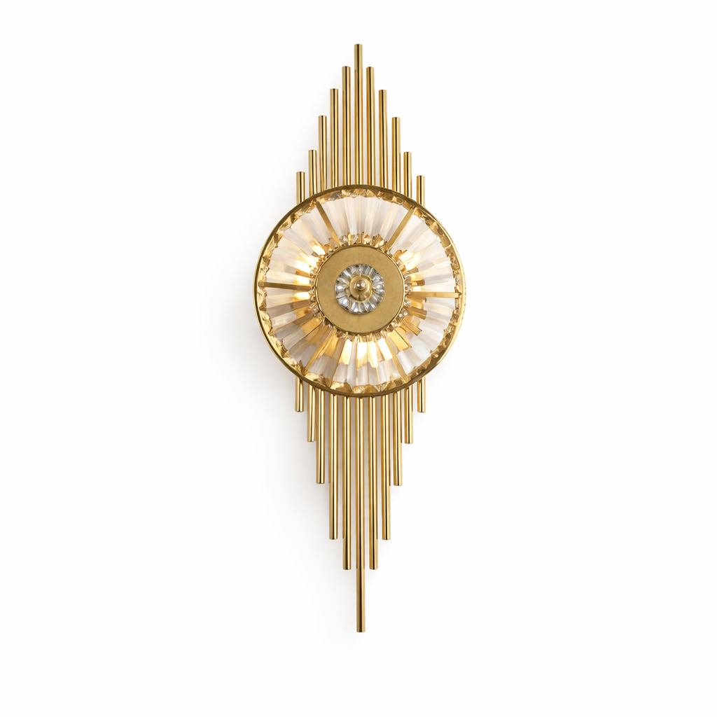 Close-up detail of the shimmering diamond-cut crystal prisms on the VORELLI Santa Maria wall light, showcasing the high-end craftsmanship.
