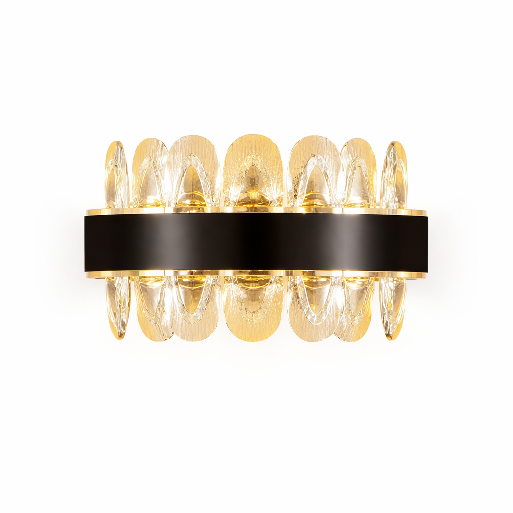 Close-up detail of the textured oblong crystals on the Monte-Carlo Wall Light by VORELLI, highlighting the luxurious shimmer and mood-enhancing refraction.