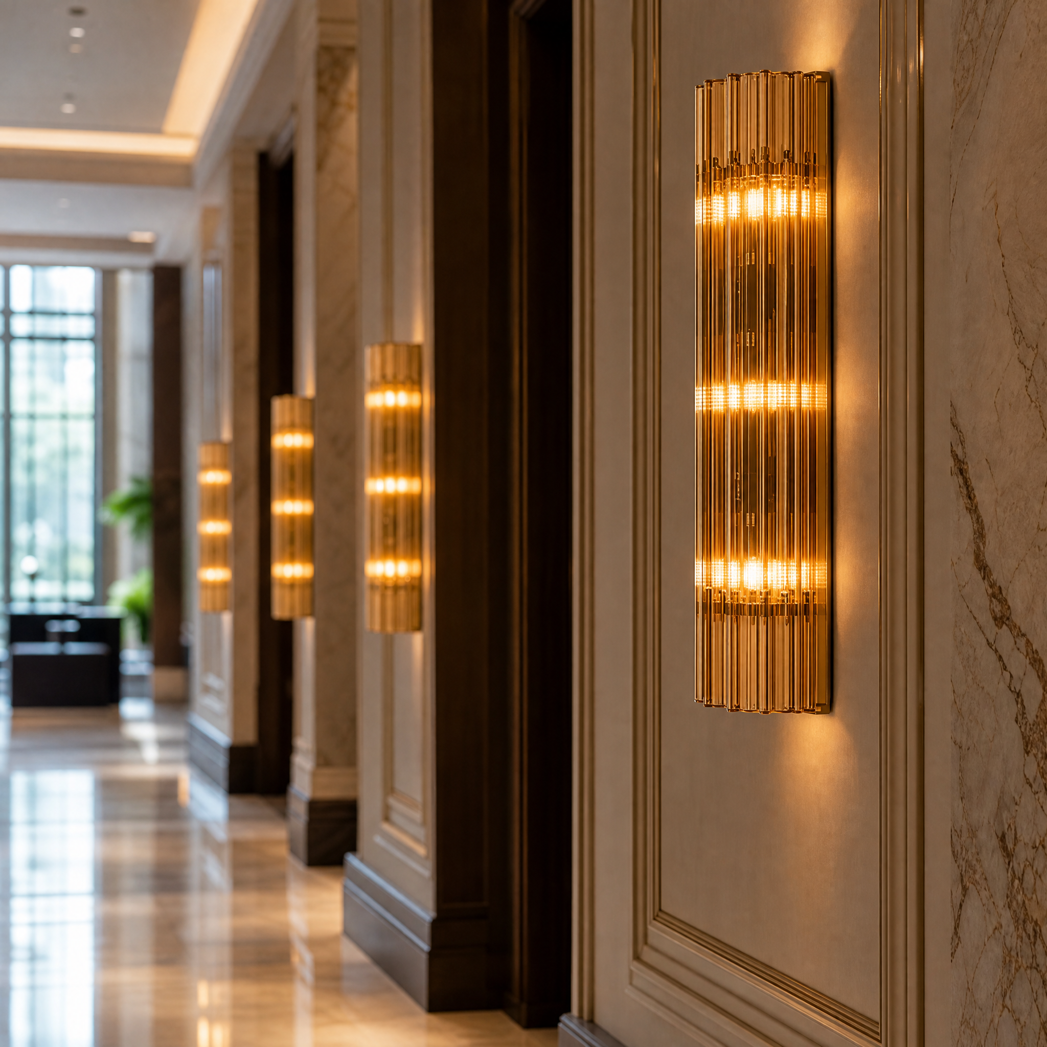 Close-up detail of the vibrant amber glass elements on the Amarino bathroom-rated sconce.