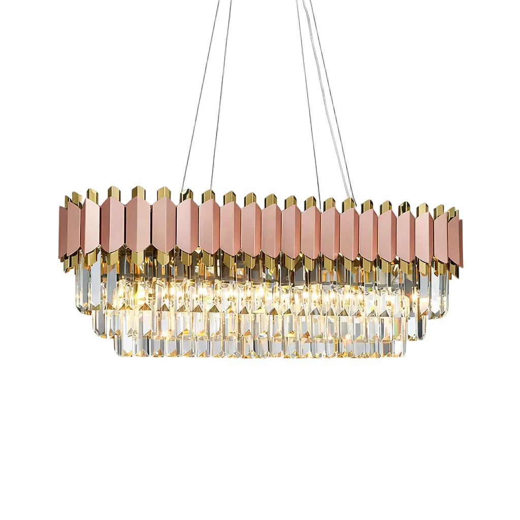 Close-up detail of the VORELLI Bianca Rectangular Chandelier showing the intricate, layered diamond-cut faceted crystals that catch and refract light for a dazzling, luxurious effect.