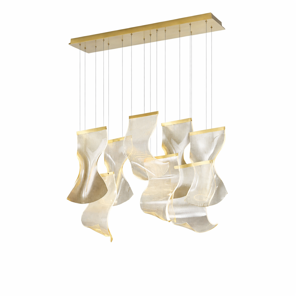 Close-up detail of the VORELLI Fluente rectangular chandelier showing the intricate, flowing acrylic pendants capturing a contemporary, creative mood.
