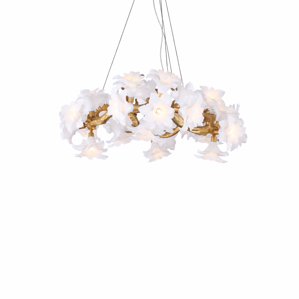 Close-up detail of the VORELLI Gardenia chandelier's sculptural glass petals, highlighting the soft organic rhythm and romantic craftsmanship.