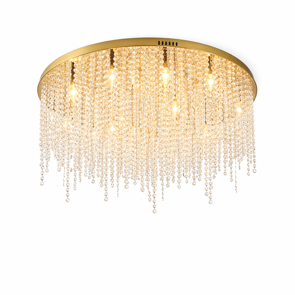 Close-up detail of the Westminster Circular Ceiling Light showing the precision-cut crystal chains cascading from a polished stainless steel frame.
