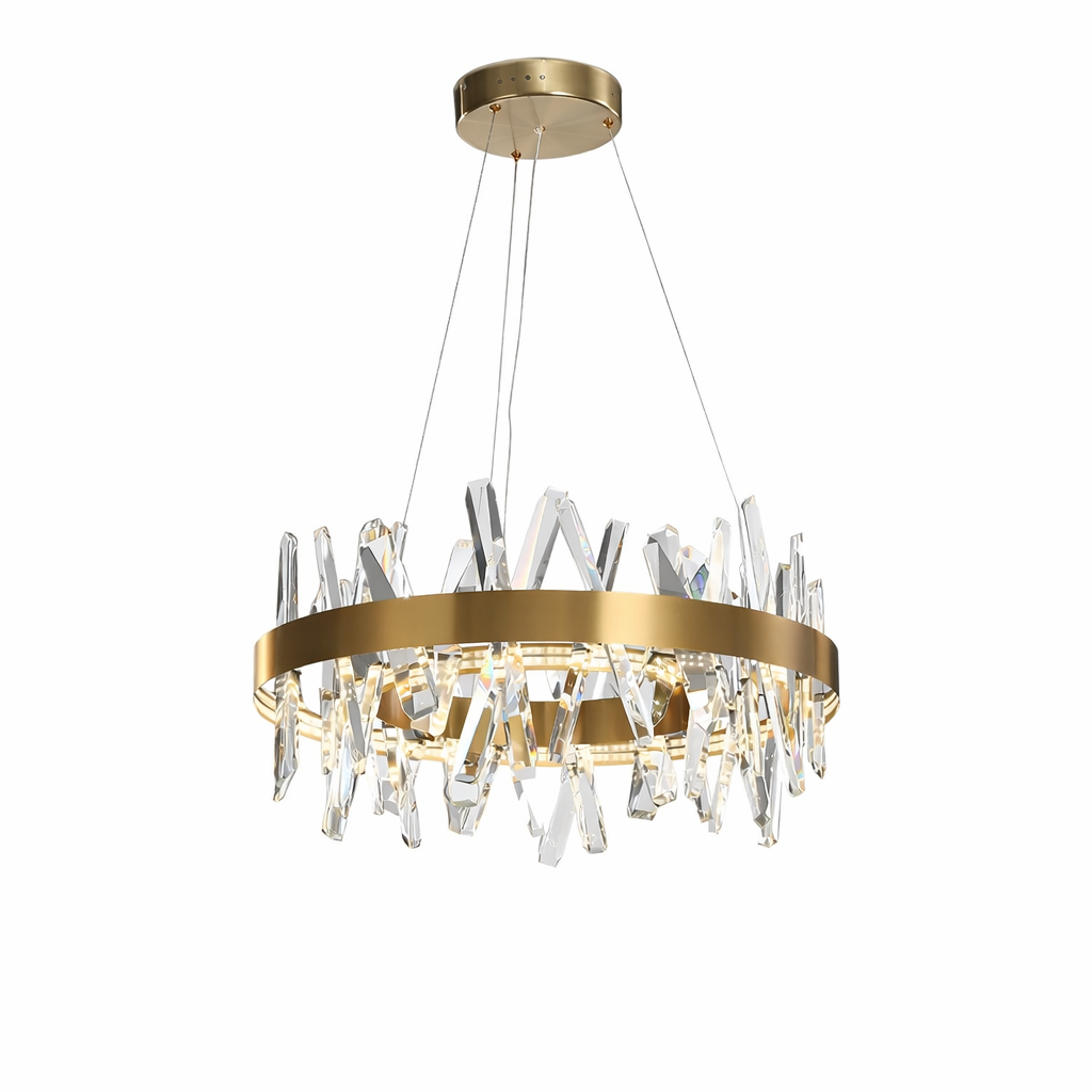 Close-up detail of the Yakutia Circular Chandelier by VORELLI, showcasing the precision craftsmanship of the angled diamond-cut crystal facets refracting warm light against a modern luxury backdrop.