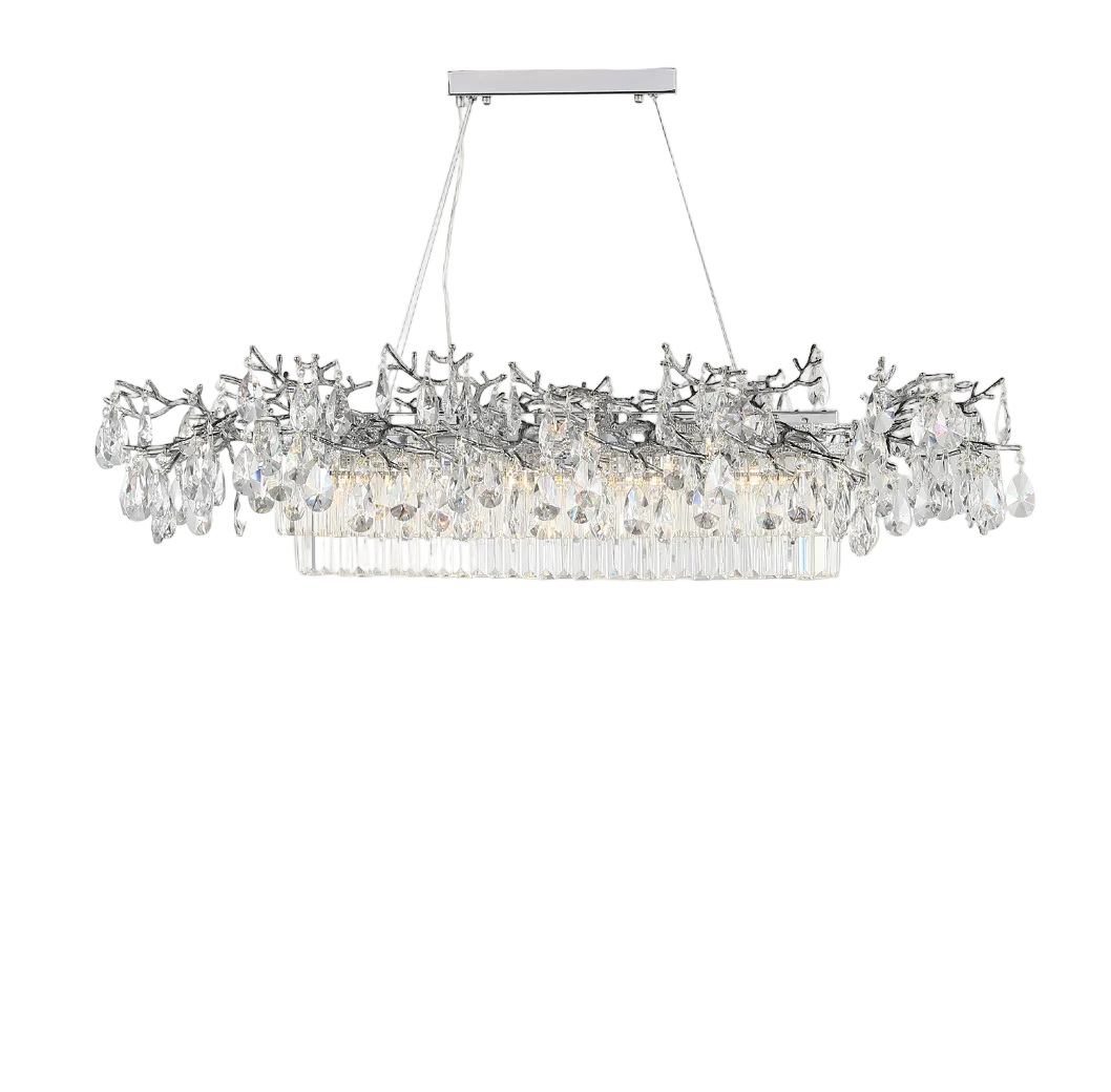 Close-up detail showcasing the premium craftsmanship and intricate, shimmering crystal droplets of the VORELLI Dewdrop chandelier.