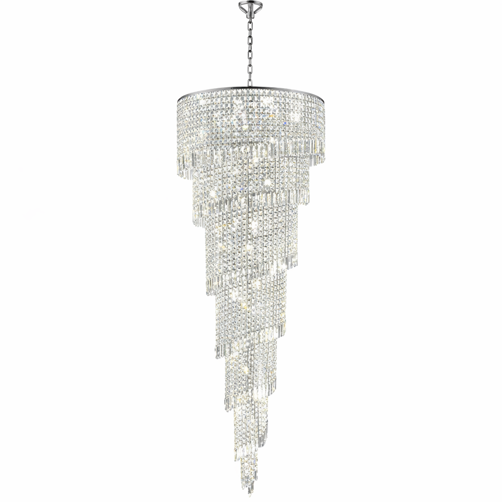 Close-up of the Basiglio Spiral Staircase Chandelier by Vorelli, highlighting the intricate cascading crystal accents and brilliant light refraction.