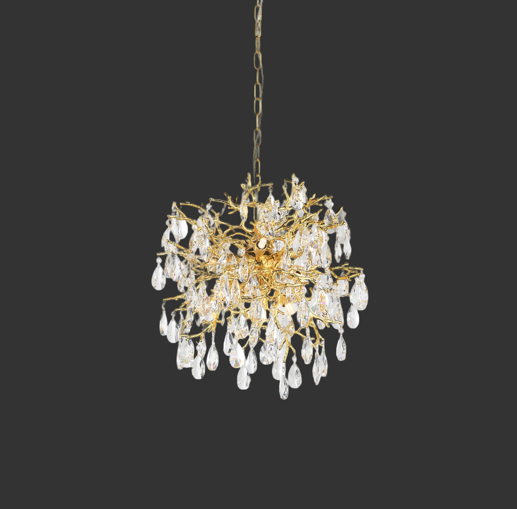 Close-up of the cascading crystal drops on the VORELLI Entwine Dewdrop fixture, emphasizing the refined craftsmanship and natural elegance.