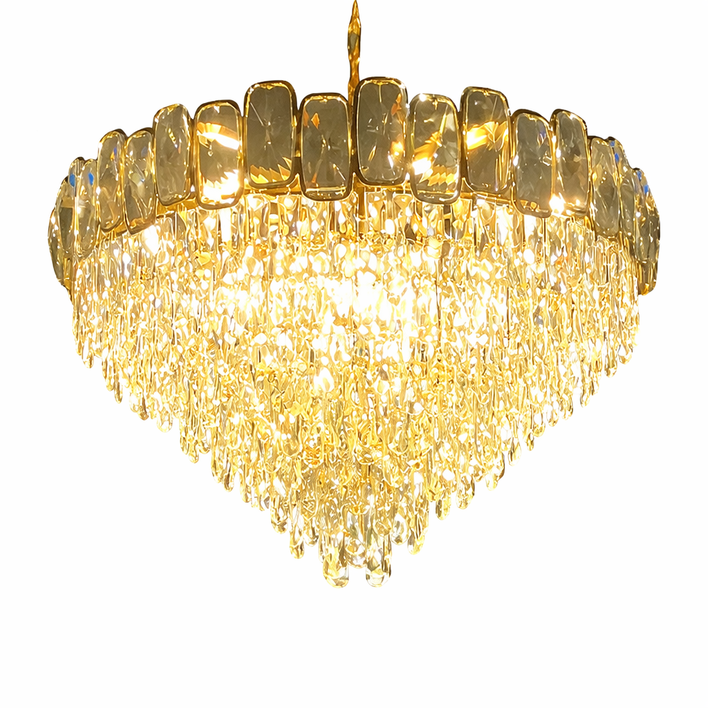 Close-up of the Edmond Circular Chandelier highlighting the modern luxury and brilliant refraction of its semi-ellipse crystals.