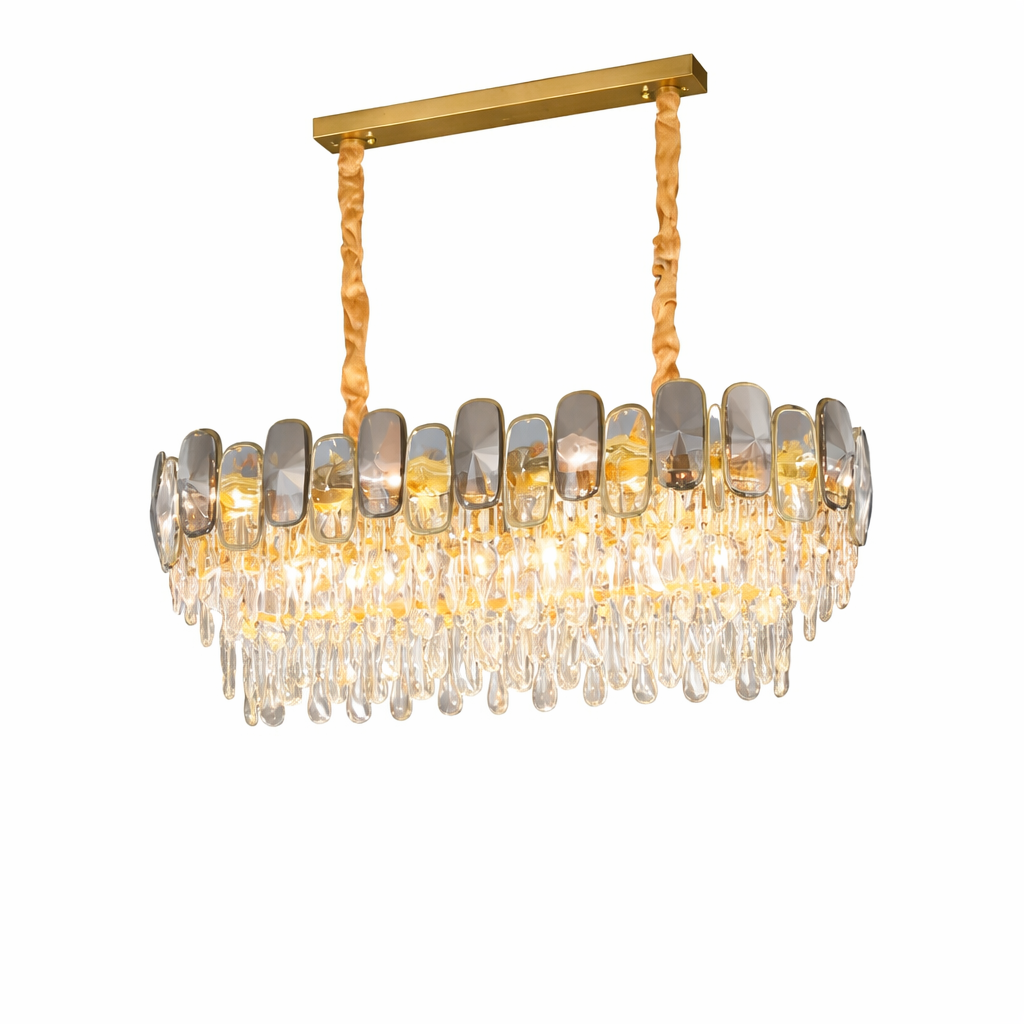 Close-up of the Edmond Rectangular Chandelier by Vorelli, highlighting the intricate fusion of oblong and semi-ellipse diamond cut crystals that reflect a brilliant, luxurious glow.