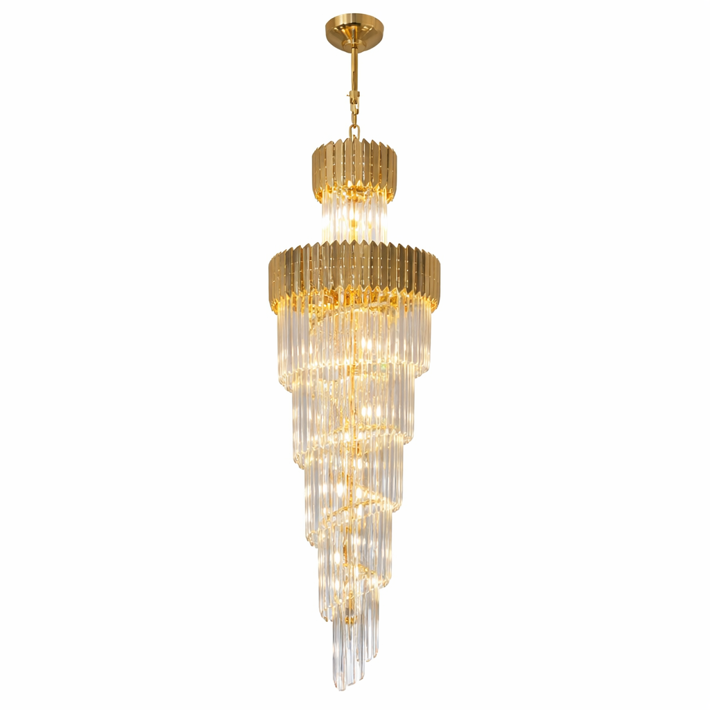 Close-up of the Manhattan modern spiral staircase chandelier by Vorelli, highlighting the sleek crystal bars and sophisticated craftsmanship.