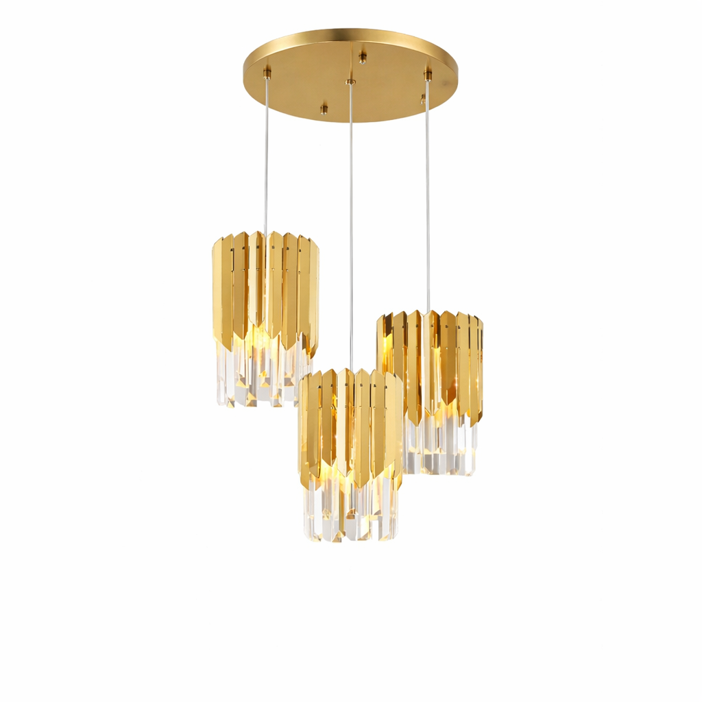 Close-up of the Manhattan Pendant Staircase Chandelier by VORELLI, highlighting the intricate texture of the shimmering crystal bars against the bold metallic frame.