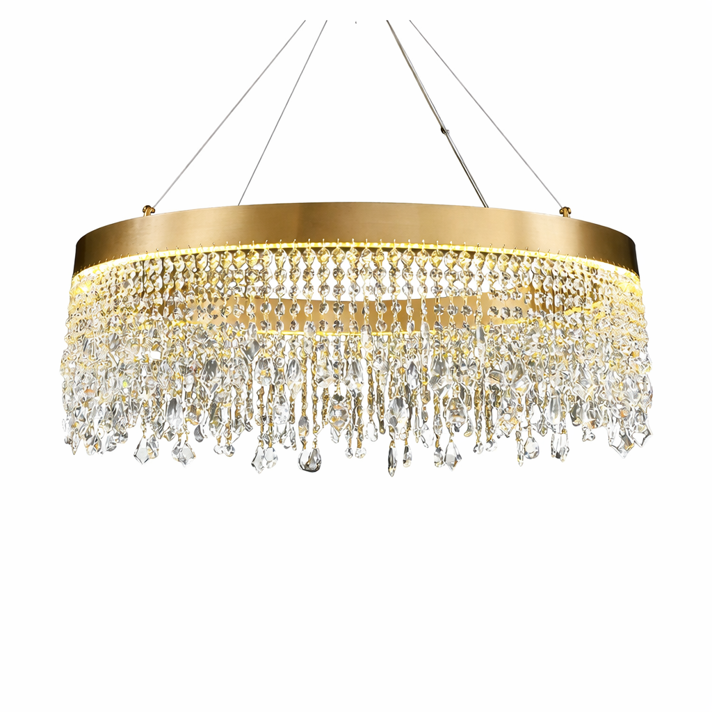 Close-up of the Modesto Circular Chandelier highlighting its intricate diamond-cut crystal chains and polished stainless steel frame.