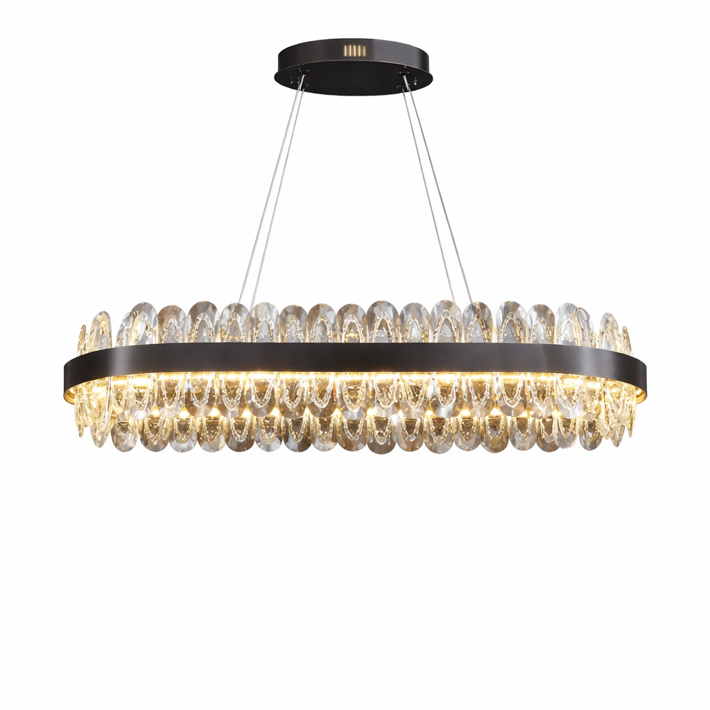 Close-up of the Monte-Carlo Rectangular Chandelier showing intricate textured oblong crystals glowing with warm light for a luxury interior ambiance.