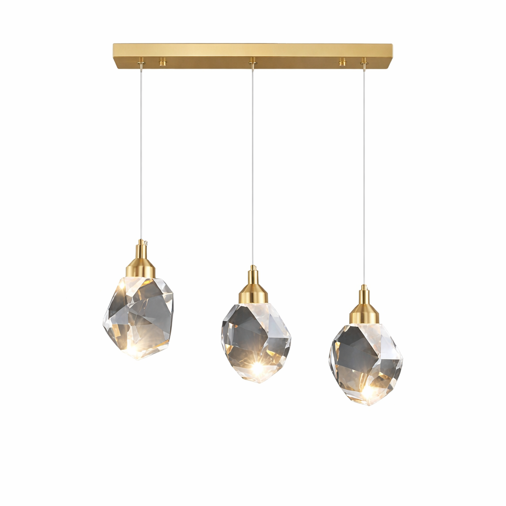 Close-up of the Runtz Rectangular Chandelier by VORELLI, highlighting the intricate faceted crystal drops that catch and refract light beautifully.